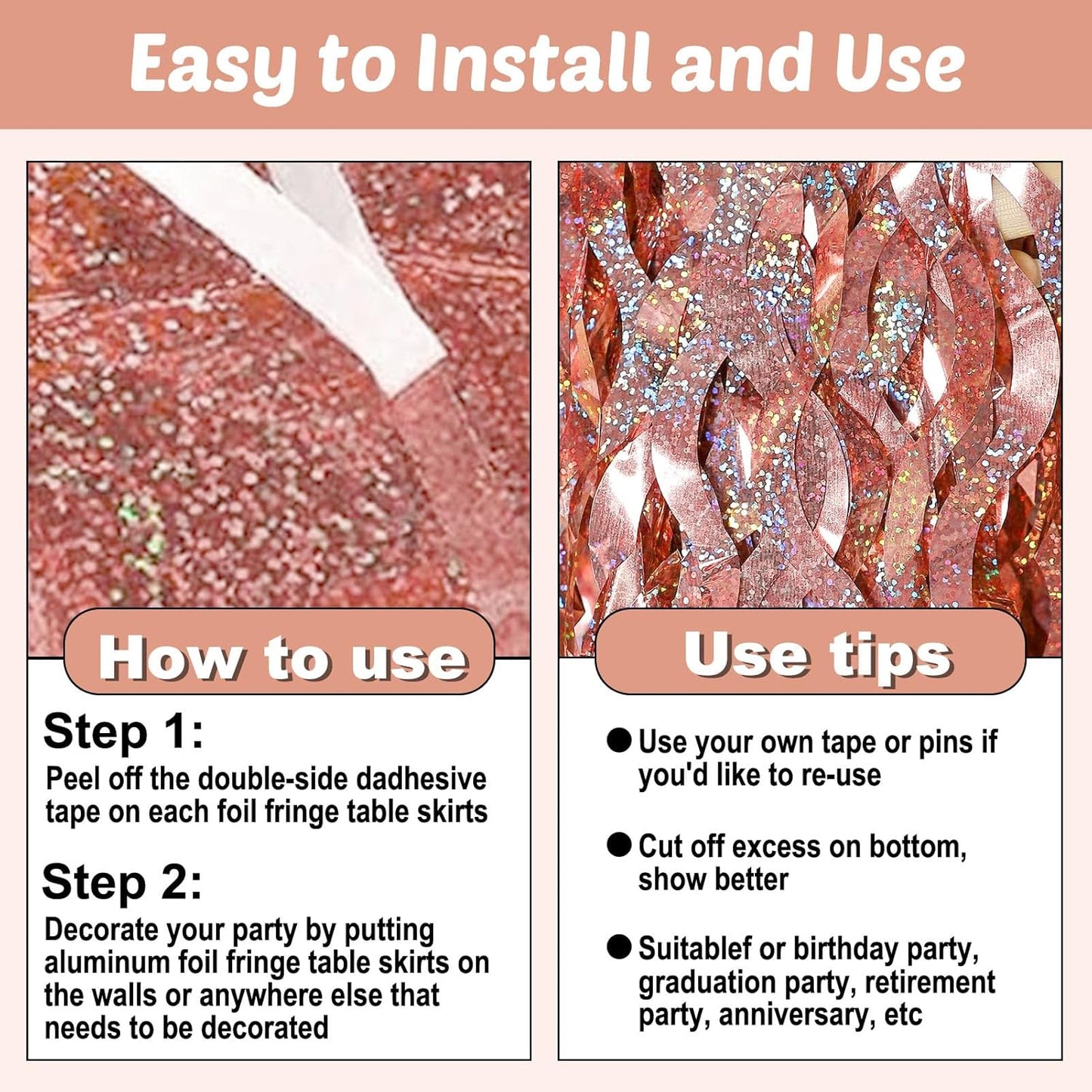 6 Pack 29x108 Inch Rose Gold Wave Foil Fringe Table Skirts Metallic Banner for Tinsel Streamer Garland Backdrop for Parade Floats Mother's, Graduate, Mardi Gras, Birthday, Wedding Party Decorations