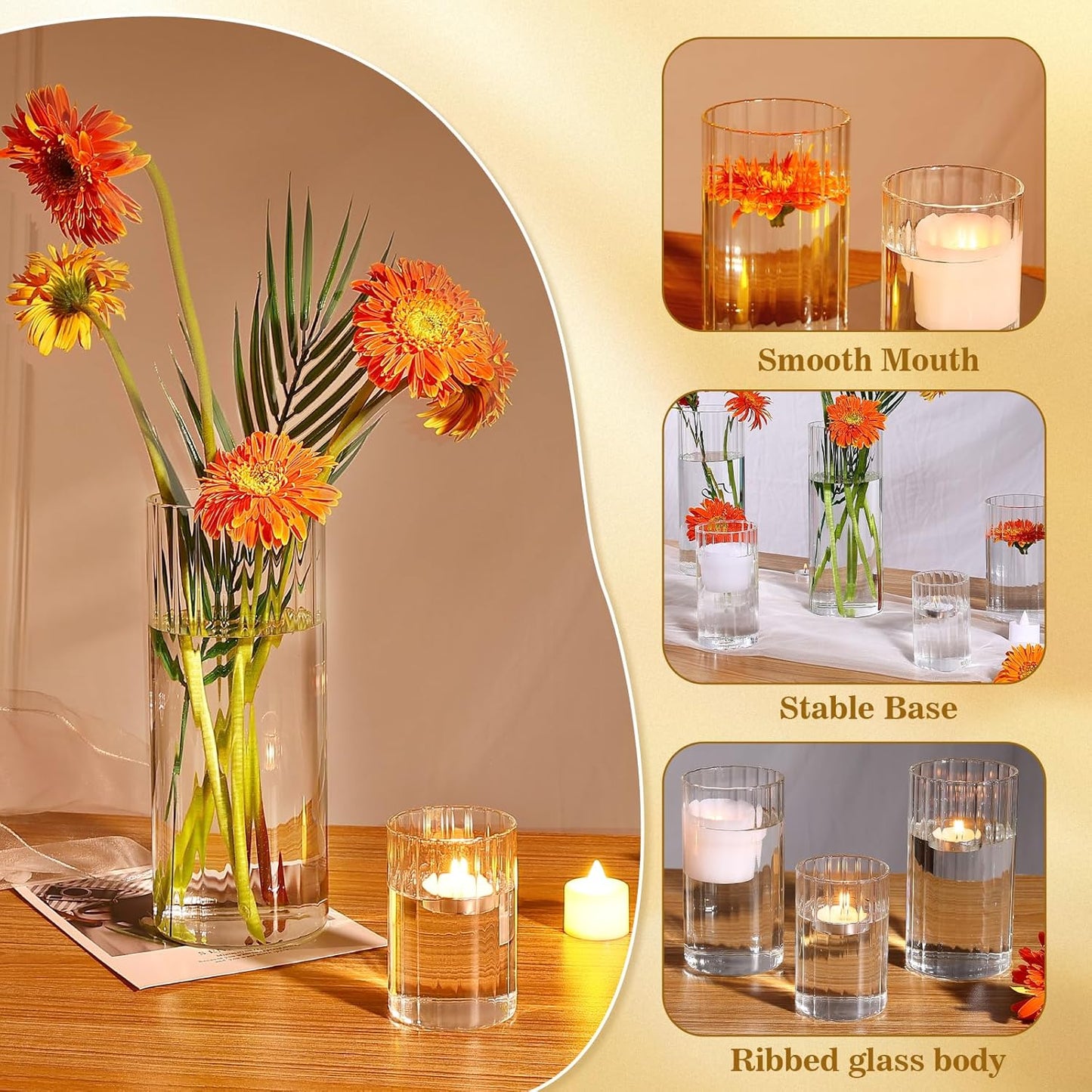 16 Pack Ribbed Glass Cylinder Vases 5.5, 6 Inch Tall Clear Flower Vase Hurricane Floating Candle Holder for Table Centerpiece Wedding Home Decor