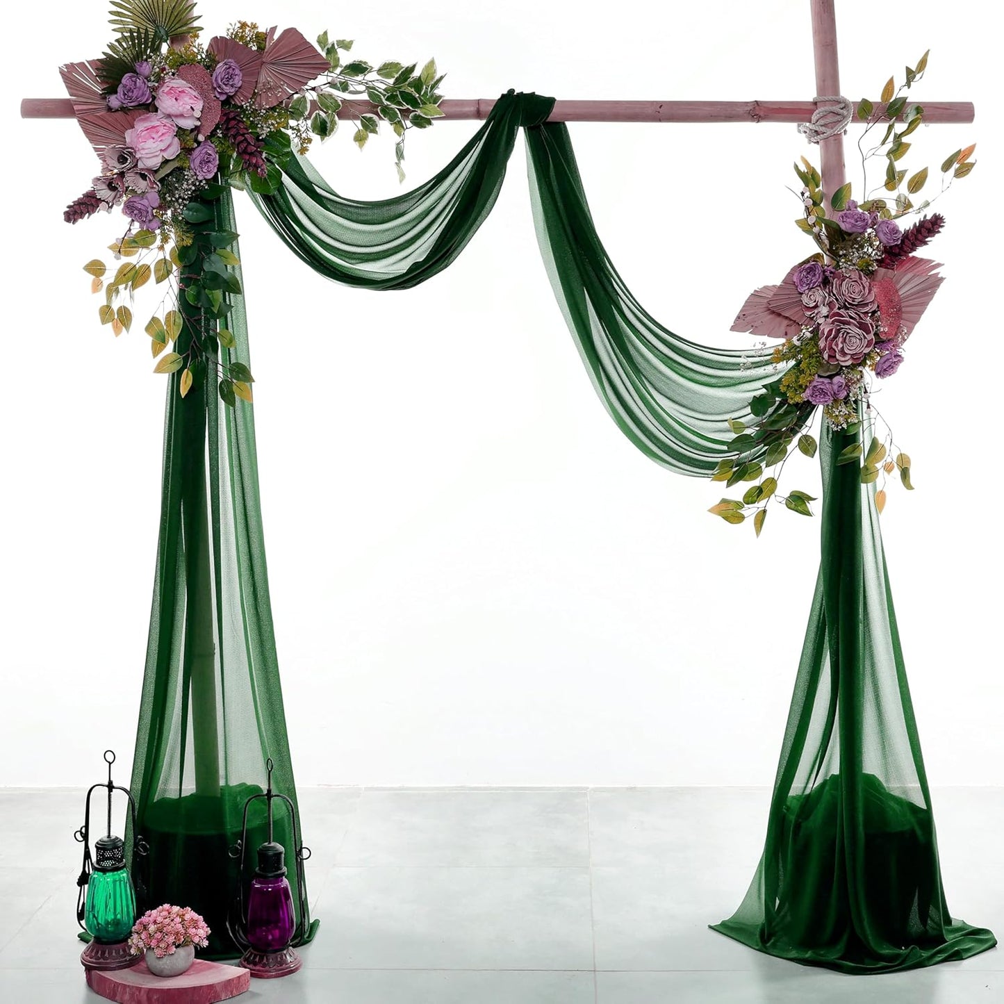 VDS Pack of 2 Panel (30 Inch X 100 Feet) Wedding Arch Draping Fabric Sheer Chiffon Fabric Drapery for Wedding Ceremony Reception Swag Backdrop Canopy Chuppah ARBO Altars Decoration (Hunter Green)