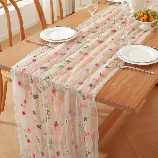 White Embroidery Daisy Fall Table Runner 120Inch 10FT Florals Soft Sheer Tulle Fabric Table Runner for Home Decor, Brithday, Wedding, Baby Shower ,Holiday ,Parties, DIY Craft,1PC