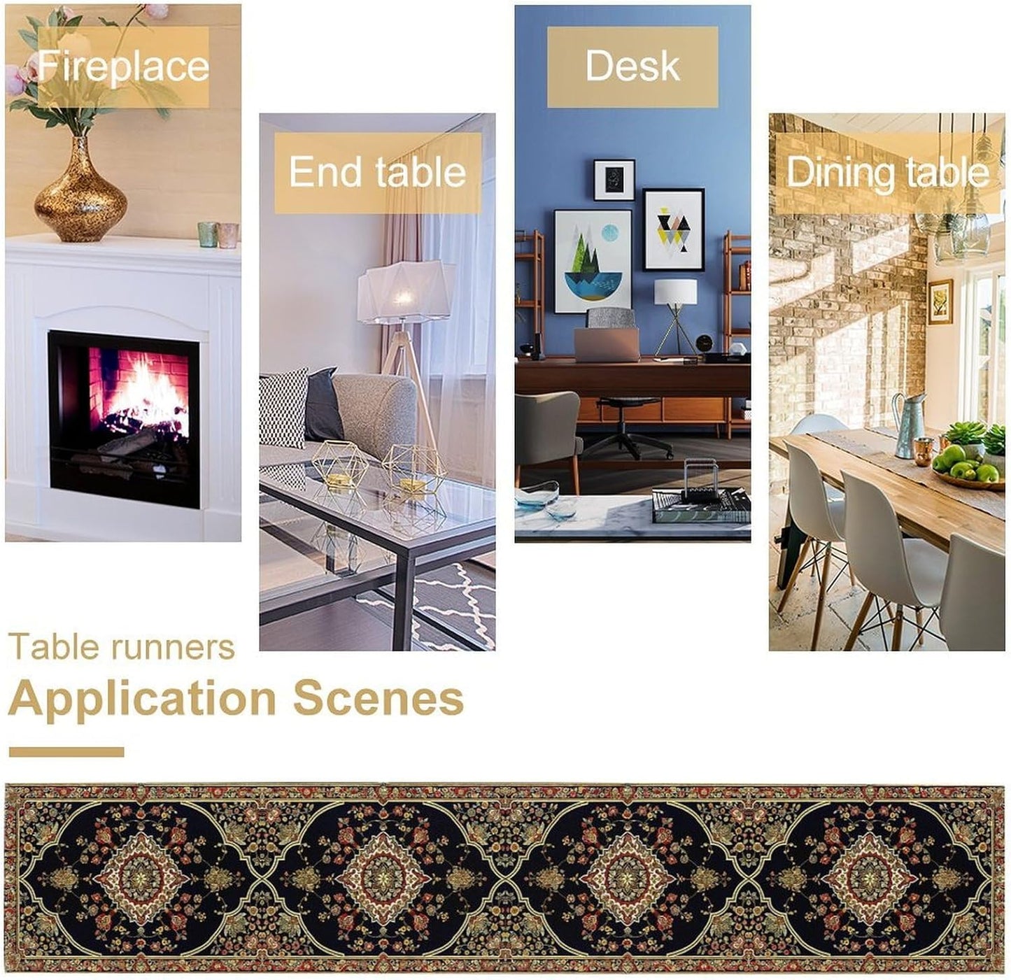 Vintage Boho Floral Table Runner, Rustic Country Farmhouse Black Bohemia Flower Pattern for Home Kitchen Table Decor Dining Cafe Room Wedding Party Decor 13x108in