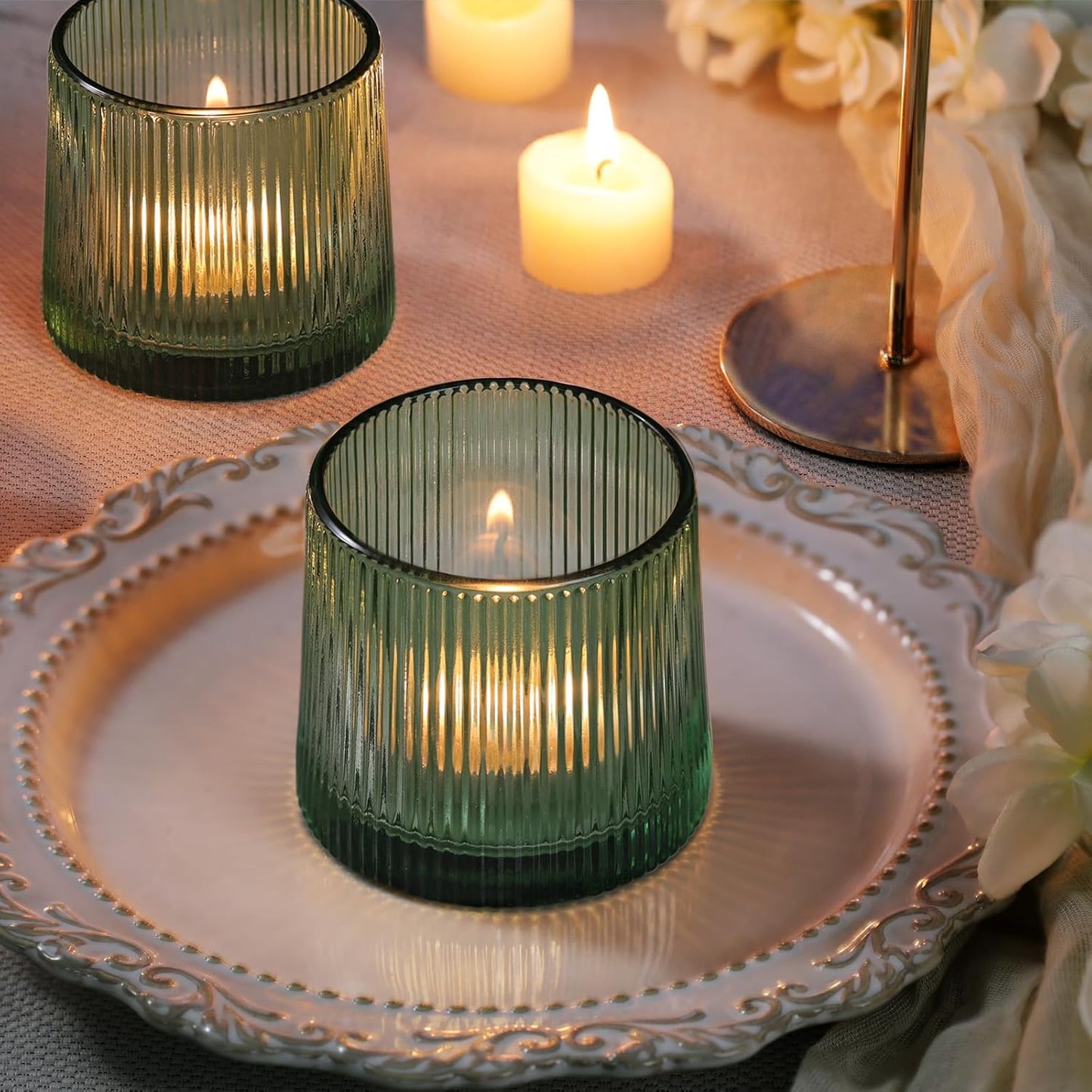 DARJEN Green Ribbed Tealight Votive Candle Holders Set of 10- Votive Candle Holders for Table Centerpiece, Tea Light Candle Holder Glass for Wedding and Home Decor, Green Decor and Gifts