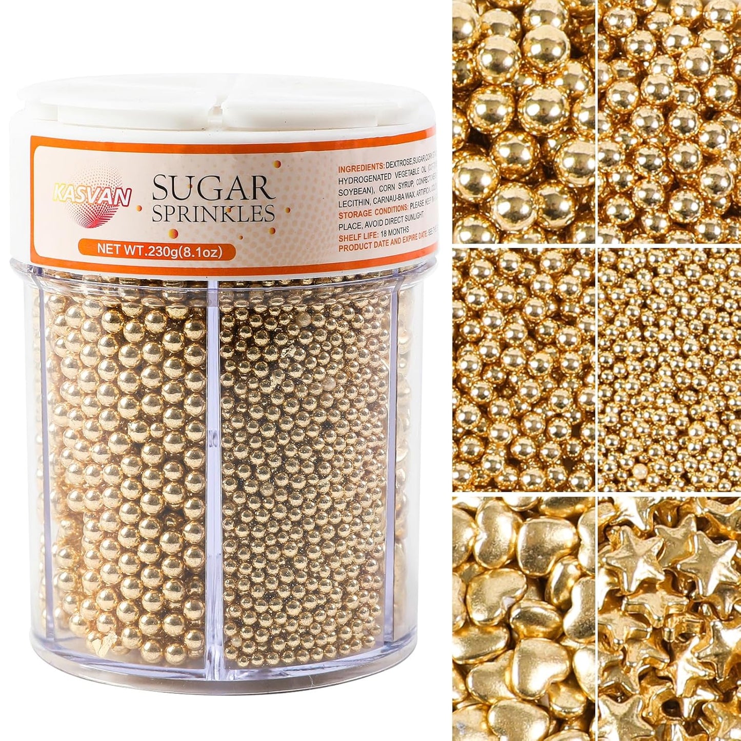 Kasvan Gold Pearl Sugar Sprinkles, 6 Sizes Mix for Cake Decorating, 230g/8.1oz, Ice Cream Toppings and Cookie Decorating, Wedding Party Chirstmas Supplies (Gold)