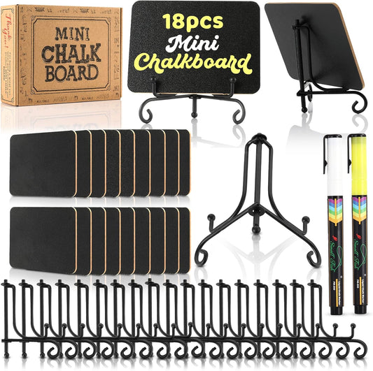 Mini Chalkboard Signs for Food Labels for Party Buffet, Small Place Cards or Name Tags with Iron Stand for Chafing Dish, Mimosa Bar Supplies, Wedding Chalk Board Sign with 2 Pens, 18 Pack Black
