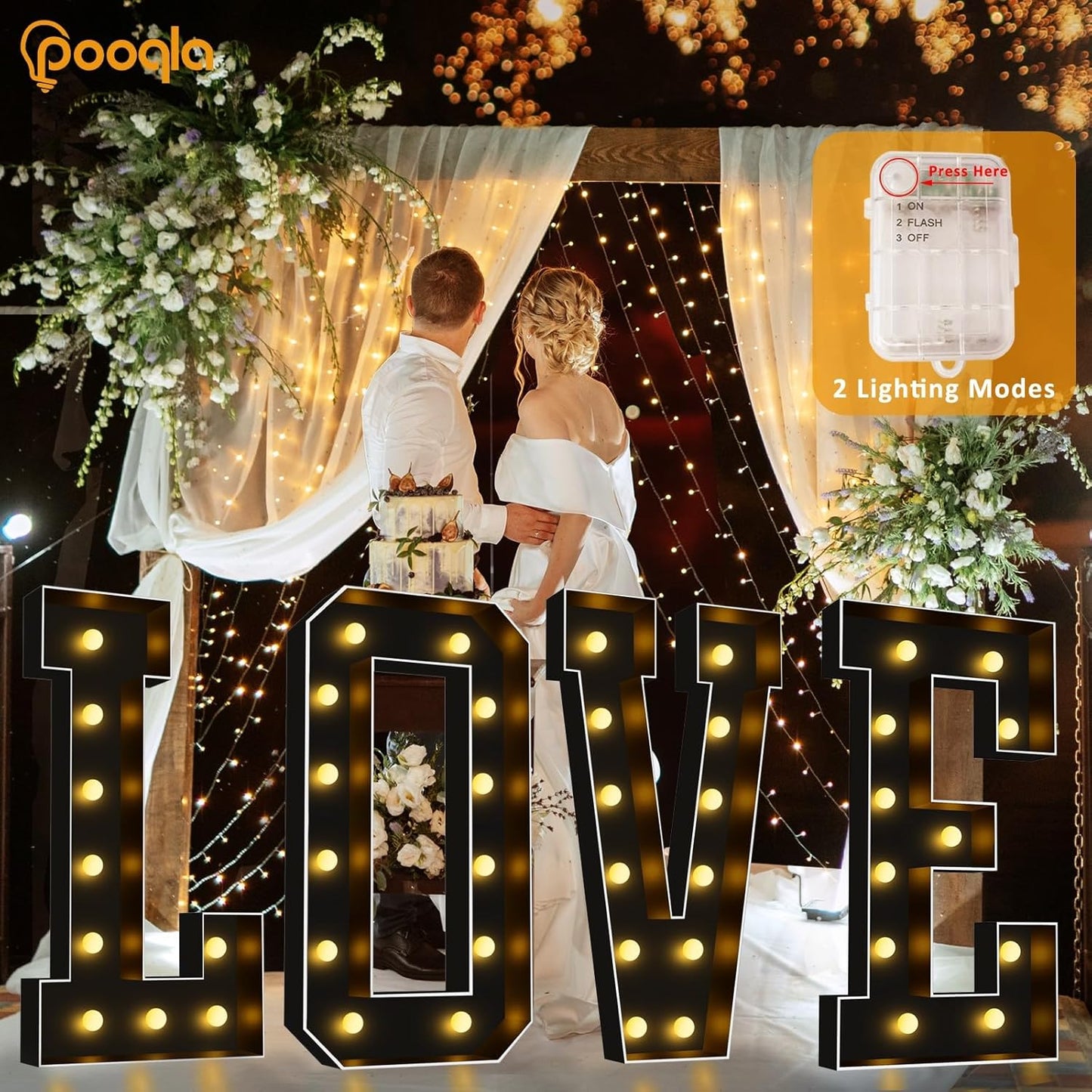 Pooqla 4 FT Marquee Light Up Letters, Black Letter Lights 4 Feet Tall, Giant Sign Big Mosaic for Balloons Birthday Party Anniversary Wedding Decorations, Warm White G