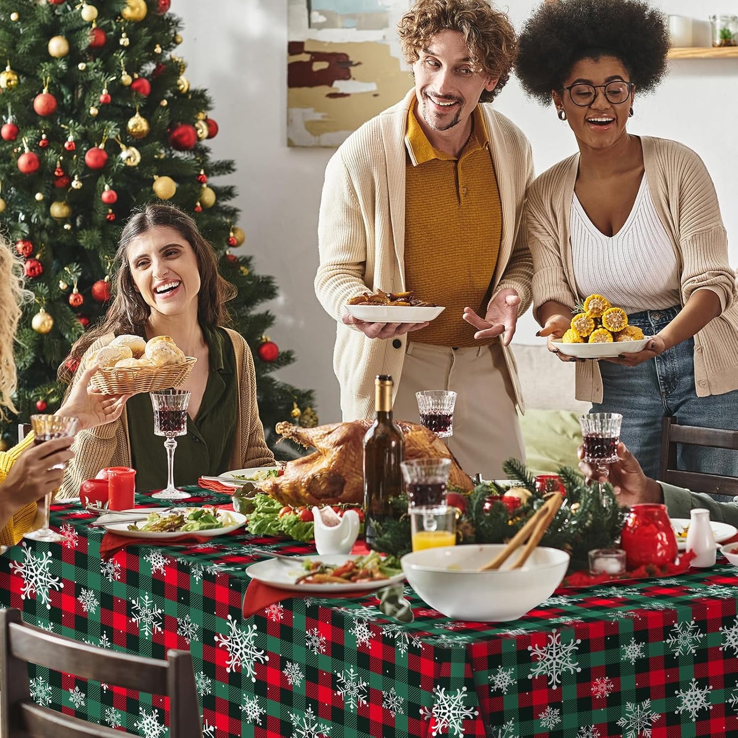 4.5x 100 Ft Roll of Christmas Buffalo Plaid Plastic Tablecloth Decorations,Disposable Red Green Snowflake Table Cover Photography Backdrop with Cutter Box for Christmas Holiday New Year Party Supplies