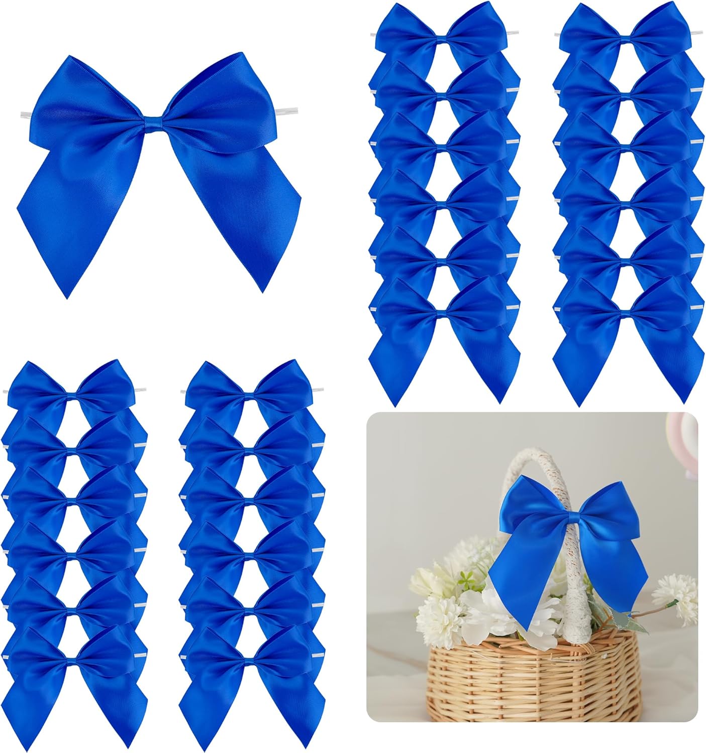 5'' Royal Blue Bow Party Decorations Satin Bows, Twist Tie Bows for Treat Bags, Cake Pops, Pre-tied Bow Premade Ribbon Bows for Crafts, Holiday Bows for Gift Wrapping, Wedding Decor-24 Counts