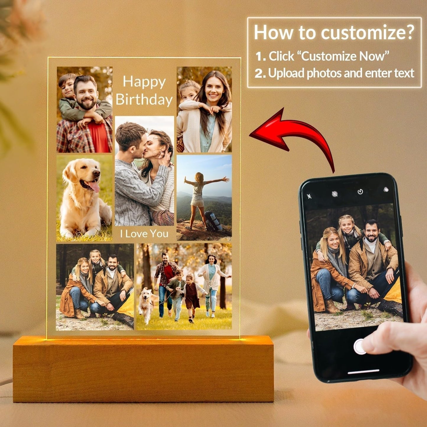Personalized Birthday Gifts for Women and Men, Custom Picture Frames with Photo, Customized Photo Frame with Night Light, Personalized Anniversary Couple Gifts for Him and Her