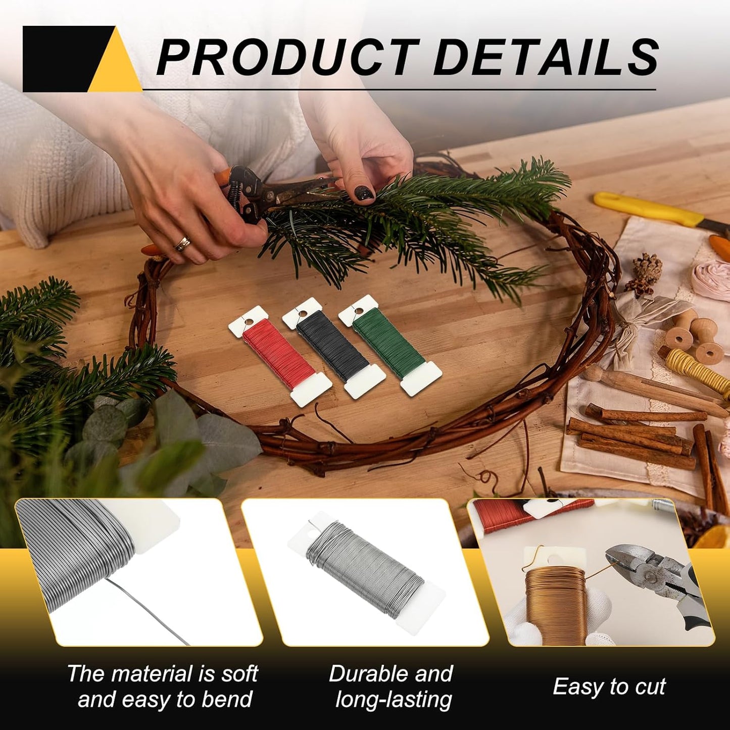 MECCANIXITY 114 Yards/345 Feet Metal Floral Wire 21 Gauge Silver Tone Flexible Paddle Thin Floral Wires for Craft, Christmas Wreath, Flower Arrangement, Wedding, Total 3 Roll