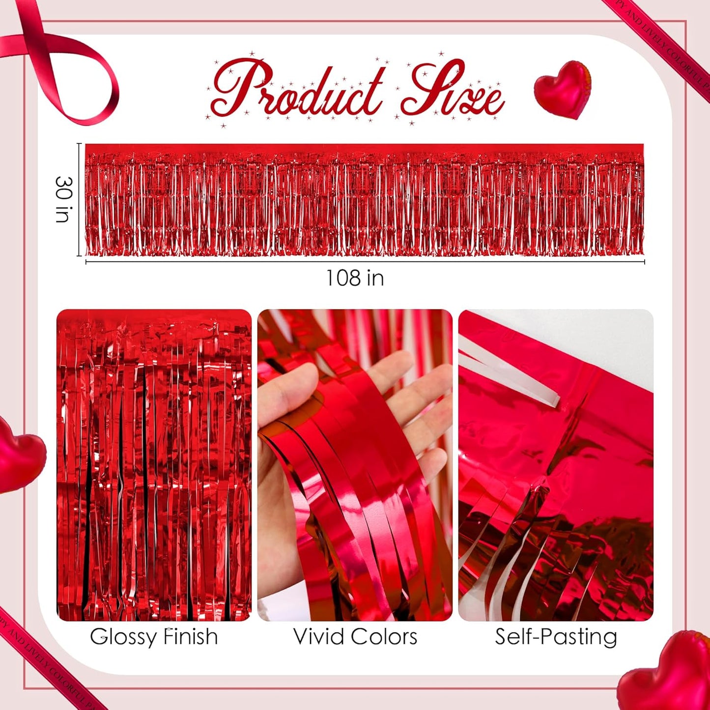 2 Pack Red Table Skirts, 29x108" Metallic Foil Tinsel Fringe Table Skirts for Rectangle Tables Streamer Curtains Backdrop, Party Decorations for Birthdays Weddings Holidays