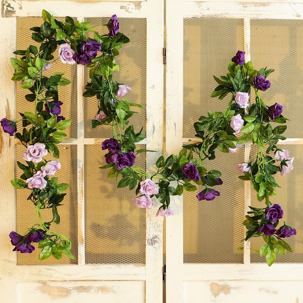 Veryhome 3PCS 23.7FT Artificial Purple Rose Flower Garland, Silk Hanging Floral Garland, Decorative Flower Vines for Room Decor Wedding Arch Flowers for Ceremony (Purple)
