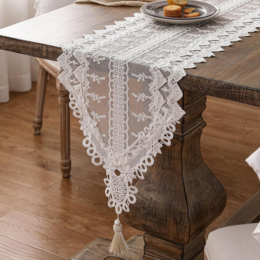 patdrea Designer Vintage White Lace Table Runner,Crochet Decorative Table Covers,Chiffon Embroidered Tasseled Table Runners, Cutwork Dresser Runners,Christmas Wedding Party Bridal 16x87 Inches Long