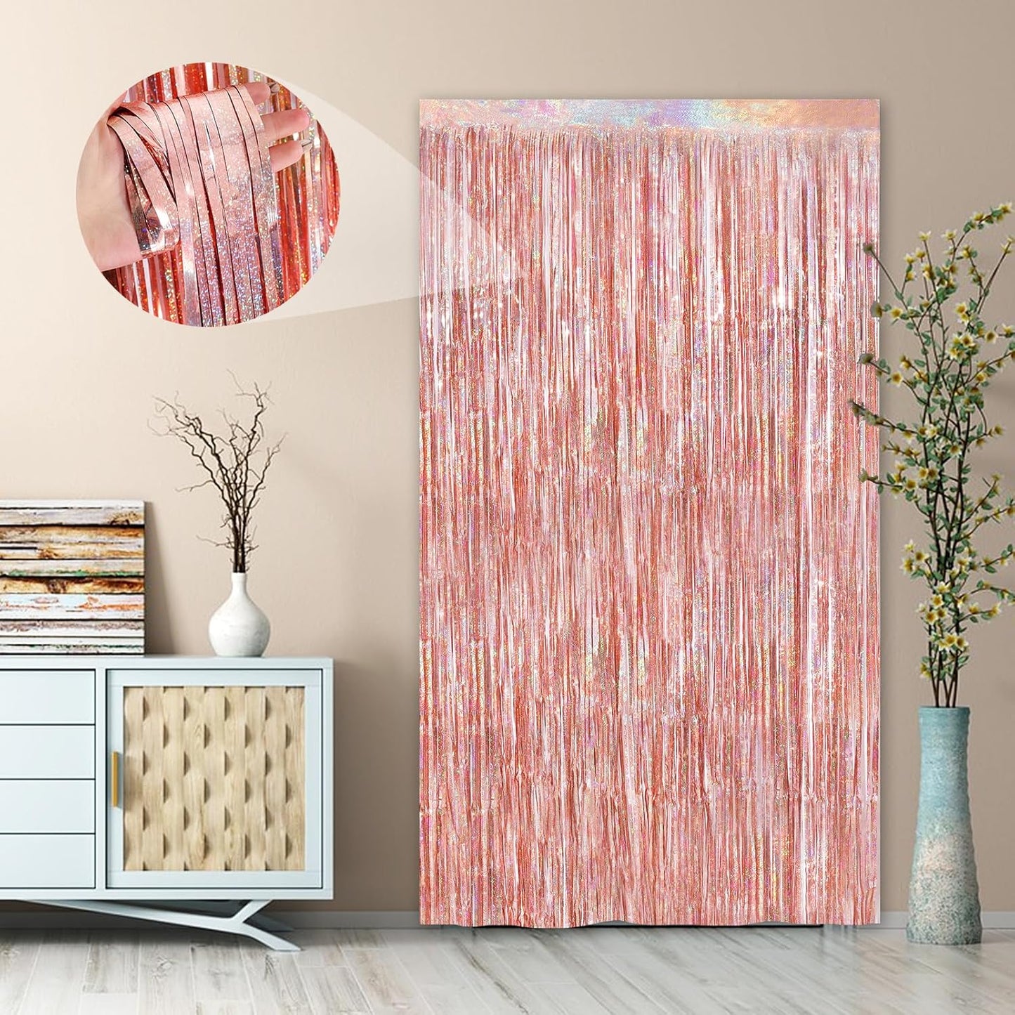 Rose Gold Foil Party Streamers 2 Pack Metallic Tinsel Fringe Curtain 3.3X 8.3ft Streamer Curtains Anniversary Thanksgiving Christmas Party Photo Booth Tinsel Curtain Streamers for Parties Decoration