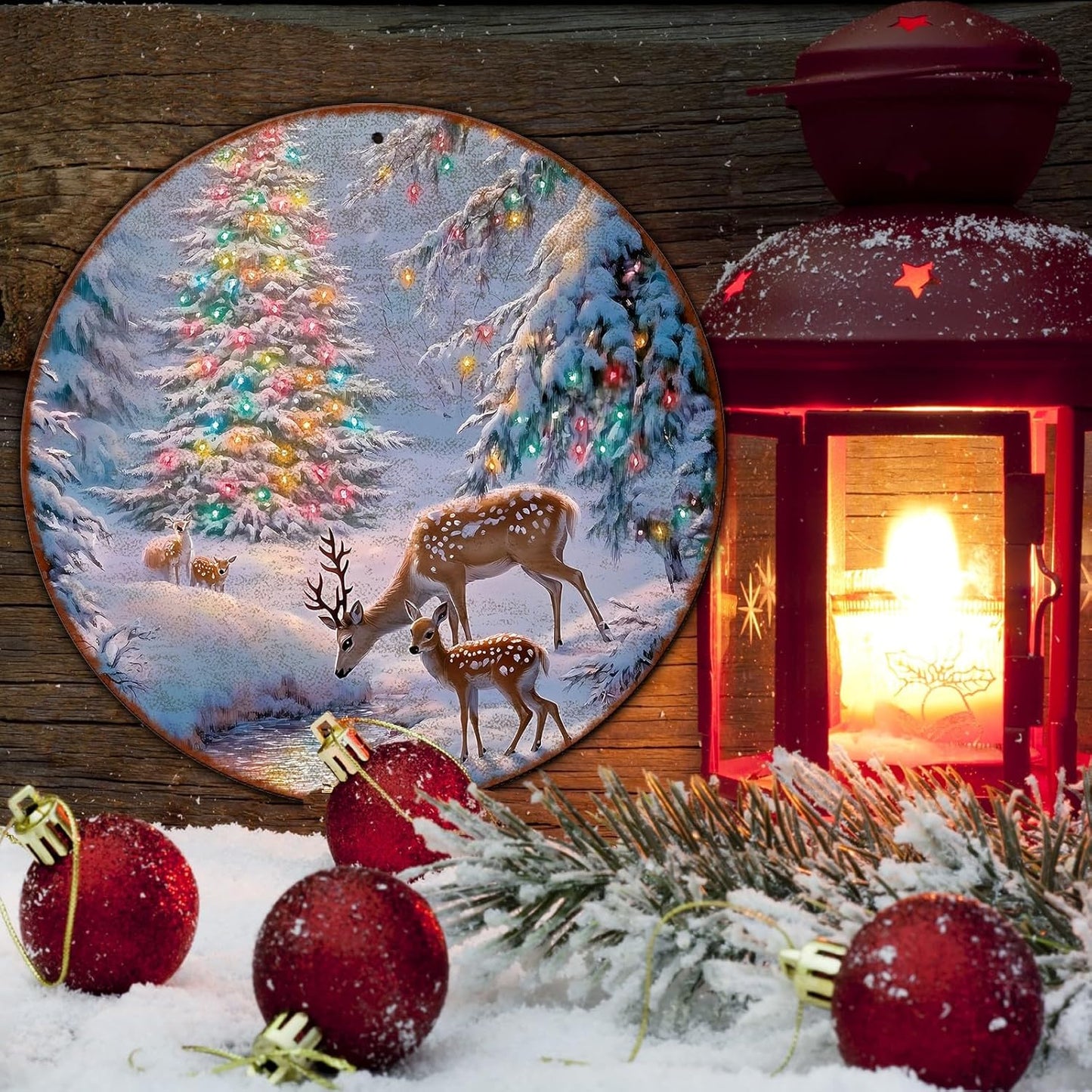 Christmas Tree Decor Round Metal Tin Sign Christmas Deer Vintage Tin Sign for Home Coffee Wall Decor for Christmas Family Wall Decoration 12 * 12 in
