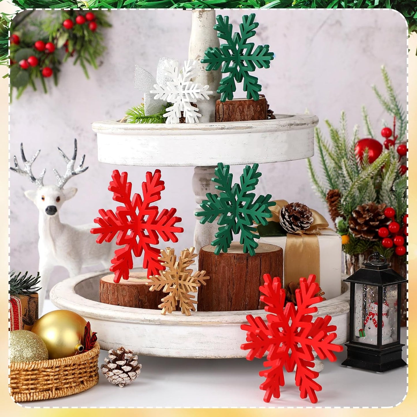 Bucherry 12 Pcs Wooden Snowflake Table Decor 3D Snowflake Tabletop Signs and Centerpiece for Christmas Xmas Winter Wonderland Decorations Home Party (White, Gold, Red,Green)