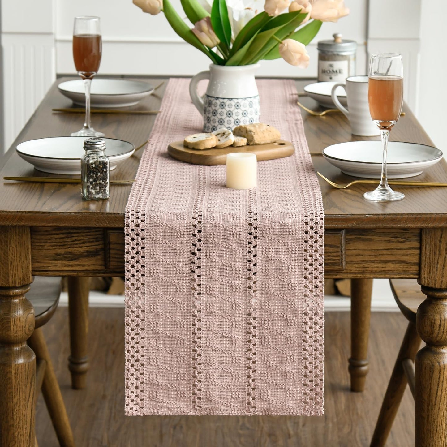 Artoid Mode Pink Farmhouse Woven Rustic Hollow Table Runner, Seasonal Holiday Hollow Kitchen Dining Table Decoration for Home Party Decor 12x108 Inch