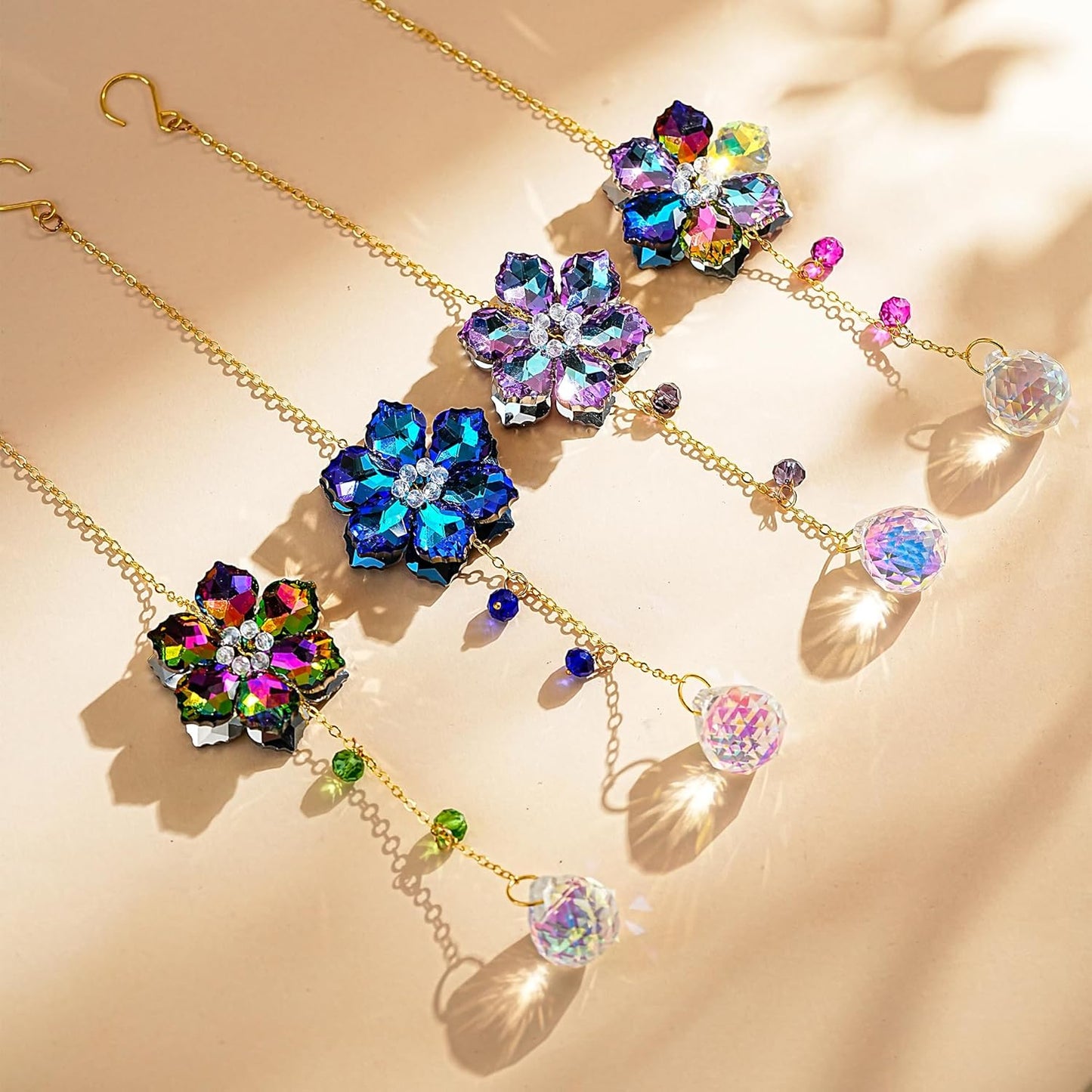 HDCRYSTALGIFTS 4pcs Crystal Flower Suncatchers for Window Hanging Ornaments, Rainbow Maker Crystal Sun Catchers Indoor Window Outdoor Patio Garden Decor Gifts (Multicolor)