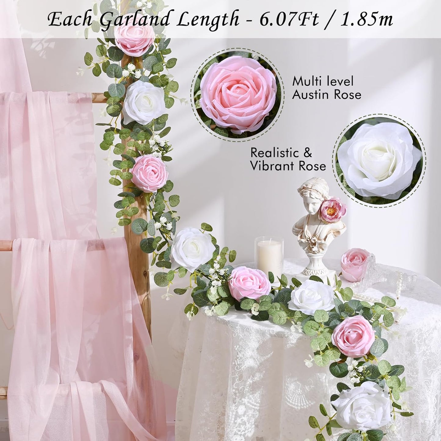 Waipfaru 2Pack 6.07FT Artificial Eucalyptus Garland with Flowers, Fake Rose Gypsophila Floral Garland, Floral Vines for Wedding Table Backdrop Party Centerpiece Room Decor