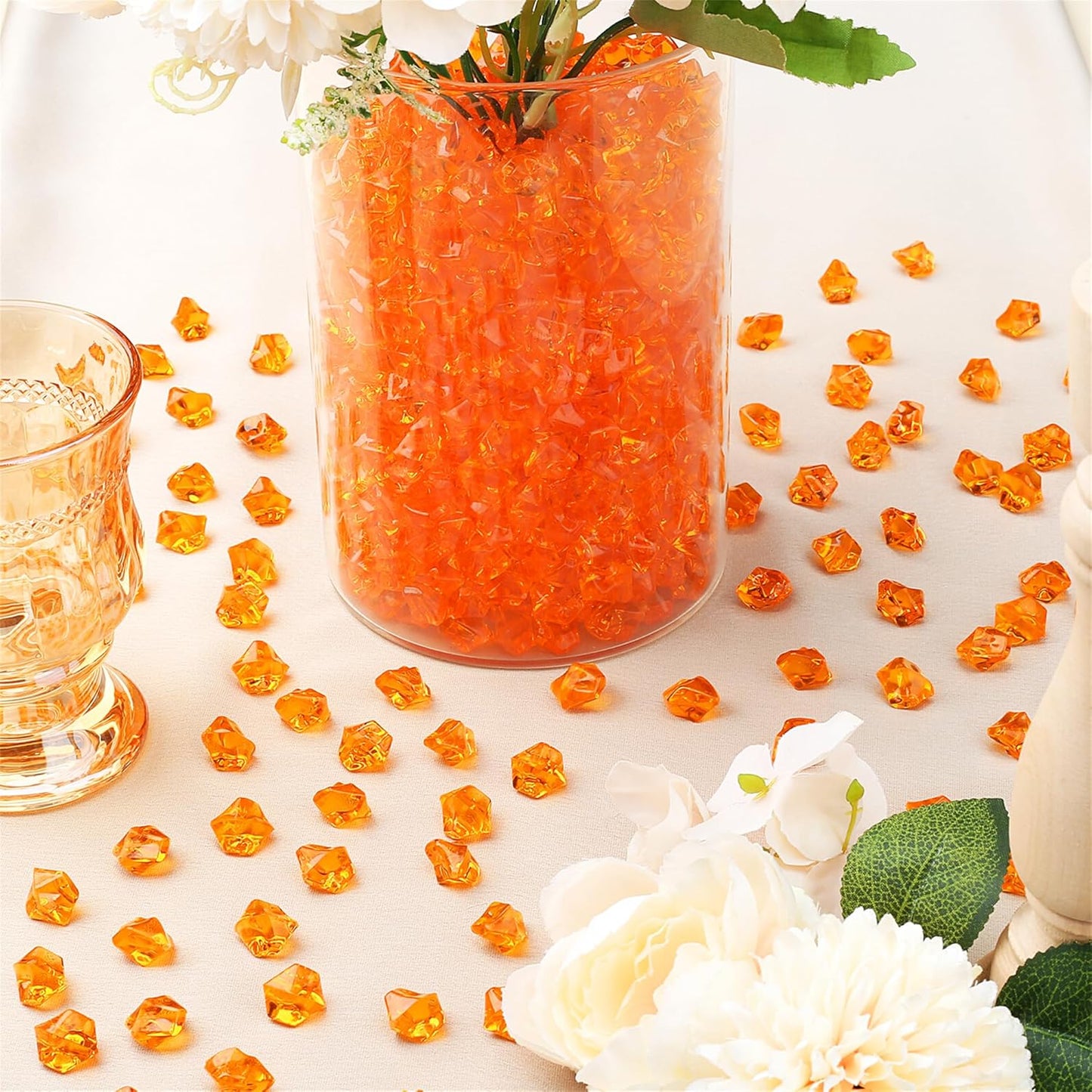 YATOJUZI 500pcs Fake Ice Cubes Orange Acrylic Crushed Rocks Vase Fillers Plastic Diamonds Gems for DIY Party Wedding Centerpiece Table Scatter Prop Display 0.5" (Only Orange)