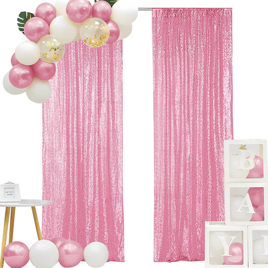 Hahuho Pink Sequin Backdrop Curtain, 2PCS 2FTx8FT Glitter Backdrop Curtain for Parties, Christmas, Wedding, Banquet Decoration（2 Panels, 2FT x 8FT, Pink）