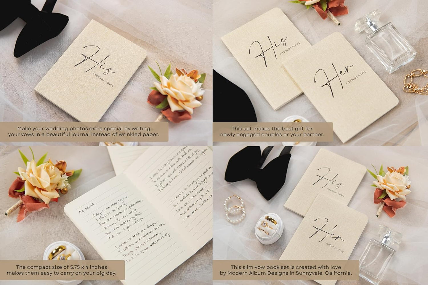 Slim Vow Books (Set of 2 - Design 4) - Soft Cream Canvas Linen Textured Cover Wedding Vow Booklets, Ceremony Speech Promise Notebook Journal, Gift for Newly Engaged Couple, 48 Lined Pages, 5.75" x 4"