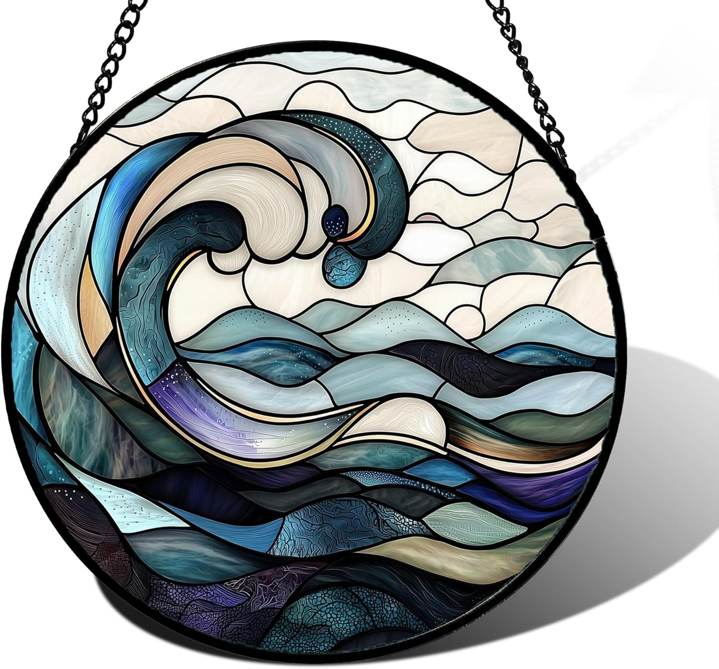 Stained Glass Window Hanging, Ocean Waves Sun Catchers Diamond Glass Panel Hangings Abstract Suncatcher Decor for Birthday for Women, Men, Wife, Aunt, and Mom 11.8x11.8 in