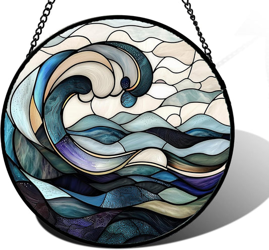 Stained Glass Window Hanging, Ocean Waves Sun Catchers Diamond Glass Panel Hangings Abstract Suncatcher Decor for Birthday for Women, Men, Wife, Aunt, and Mom 11.8x11.8 in