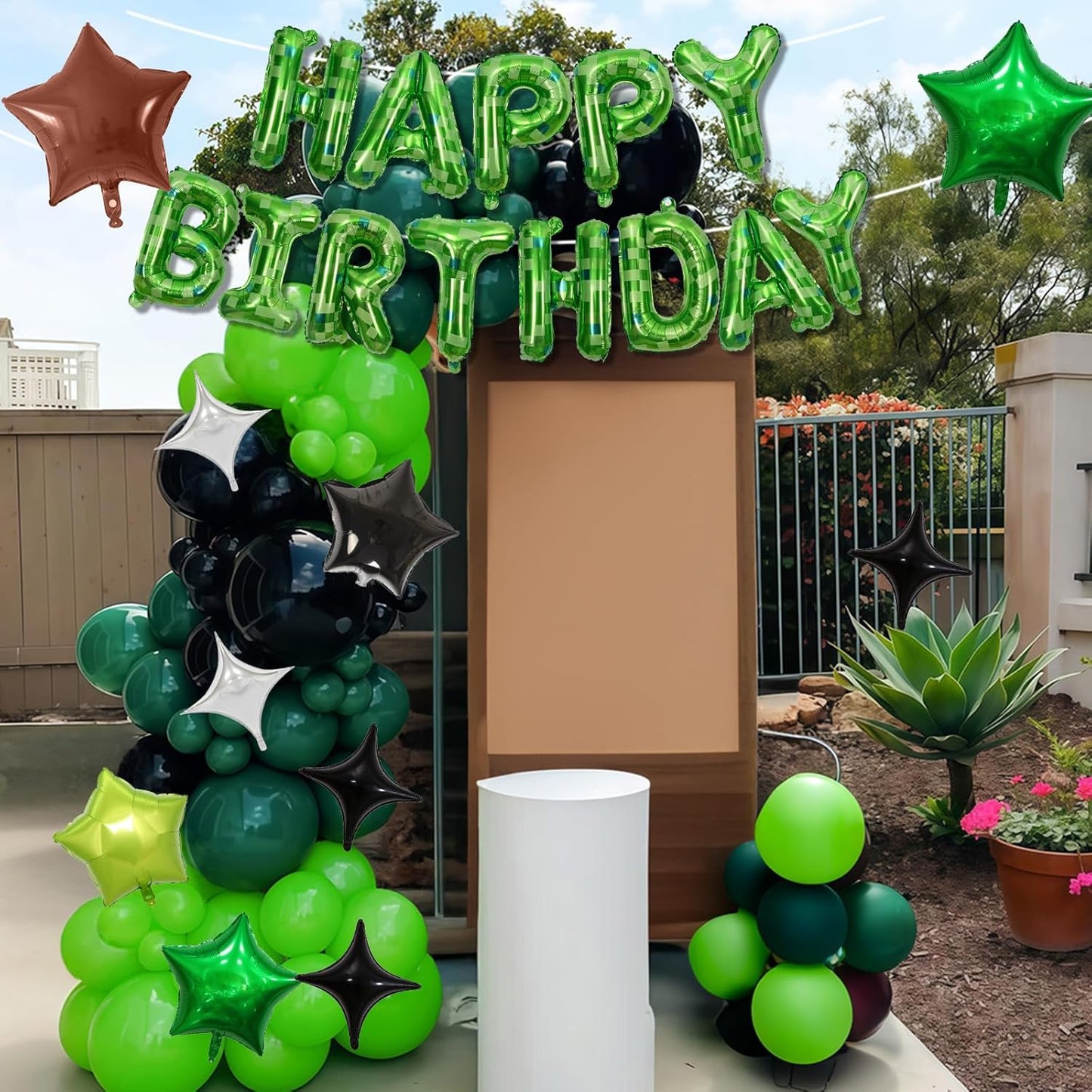 Pixel Happy Birthday Balloon Banner, 16 Inch Pixel Green Foil Letter Balloons with 9 Pcs Star Foil Balloons, 8-Bit Gaming Party Decorations for Boys Girls Themed Birthday, Retro Arcade Party Supplies