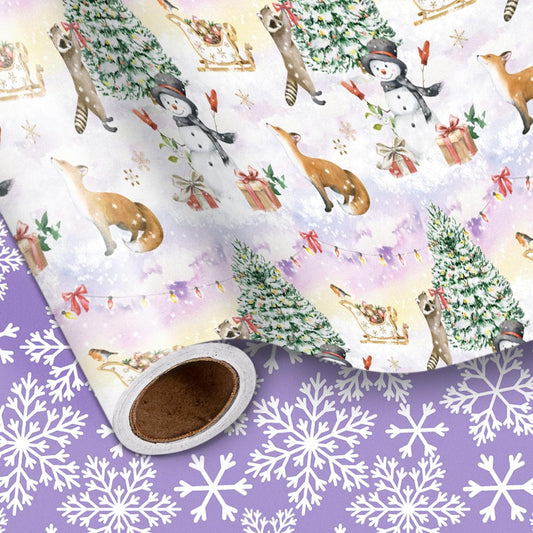 LeZakaa Christmas Reversible Wrapping Paper Roll, Watercolor Winter Forest Design with Fox Raccoon Christmas Tree Snowflake, for Kids Family, Winter Holidays, Mini Roll 17 in x 16.4 Ft