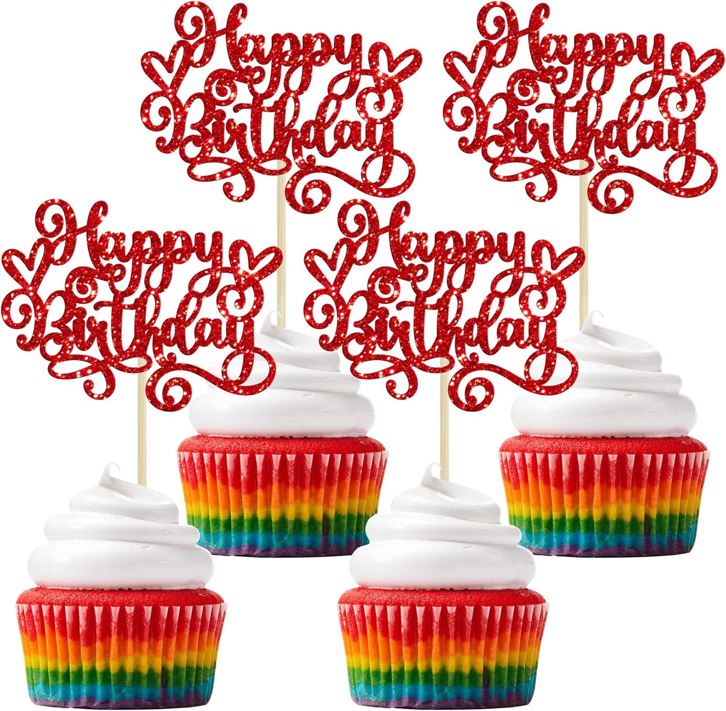Gyufise 24Pcs Happy Birthday Cupcake Toppers Glitter Happy Birthday Cupcake Picks for Celebrating Happy Birthday Anniversary Theme Party Cake Decorations SuppliesRed