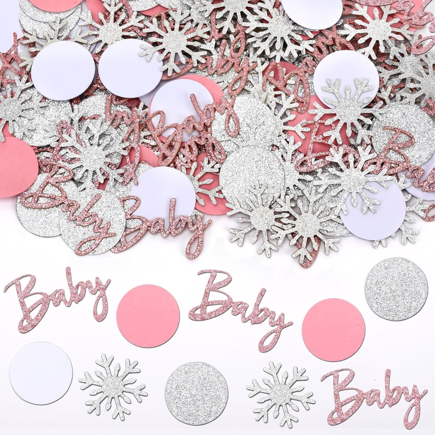 MARFOREVER Winter Baby Shower Table Confetti, 200 Pcs Glitter Pink Silver Snowflake Table Decorations Winter Gender Reveal Sprinkle for Winter Birthday Party Baby Shower Decorations(Pink)