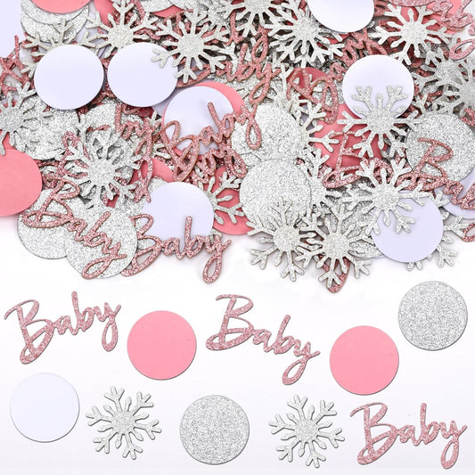 MARFOREVER Winter Baby Shower Table Confetti, 200 Pcs Glitter Pink Silver Snowflake Table Decorations Winter Gender Reveal Sprinkle for Winter Birthday Party Baby Shower Decorations(Pink)