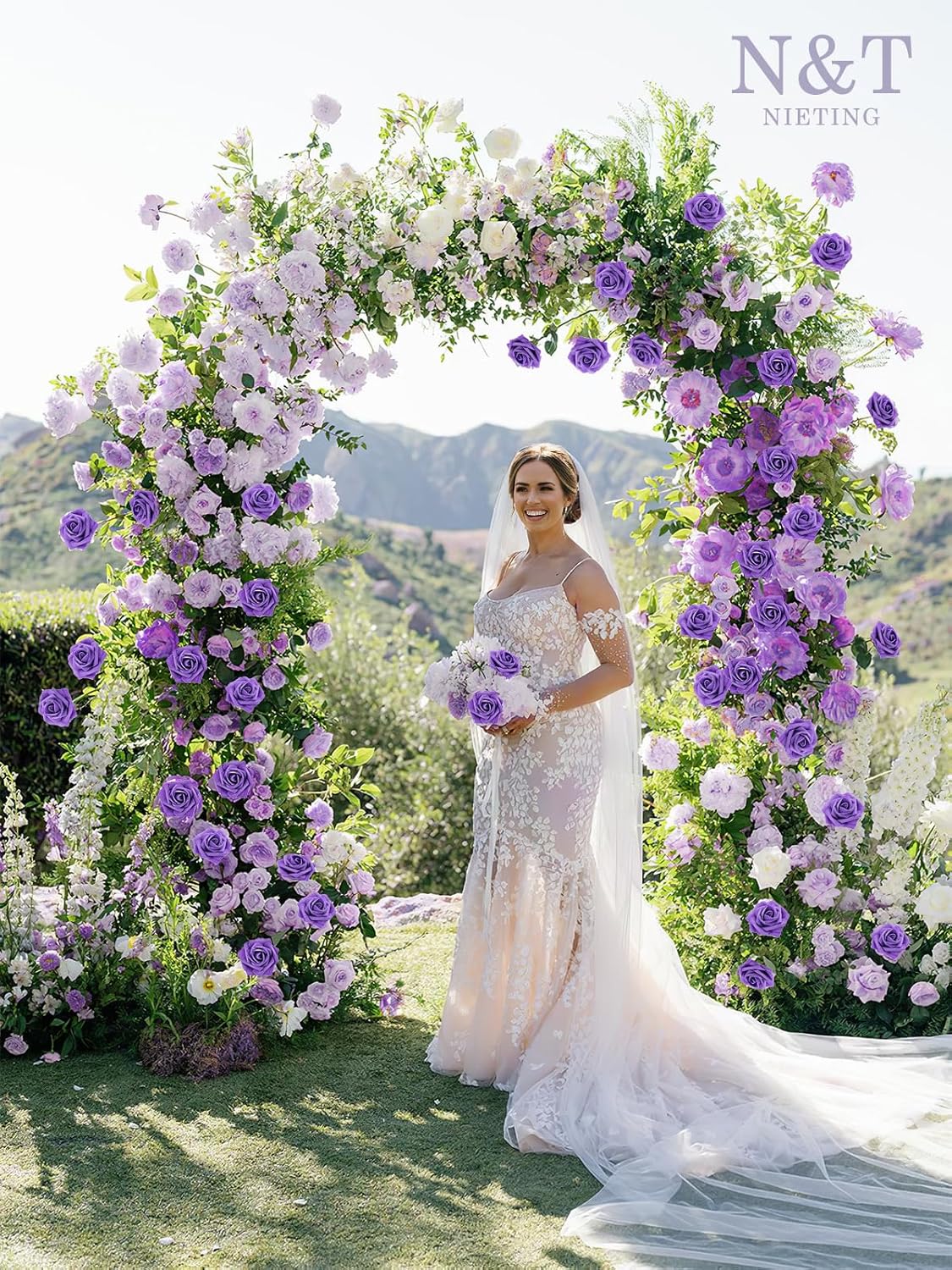 N&T NIETING Fake Flowers Purple Roses, 50Pcs Artificial Flowers Foam Roses with Stems for DIY Wedding Bridesmaid Bridal Bouquets Centerpieces Party Home Decoration Baby Showe