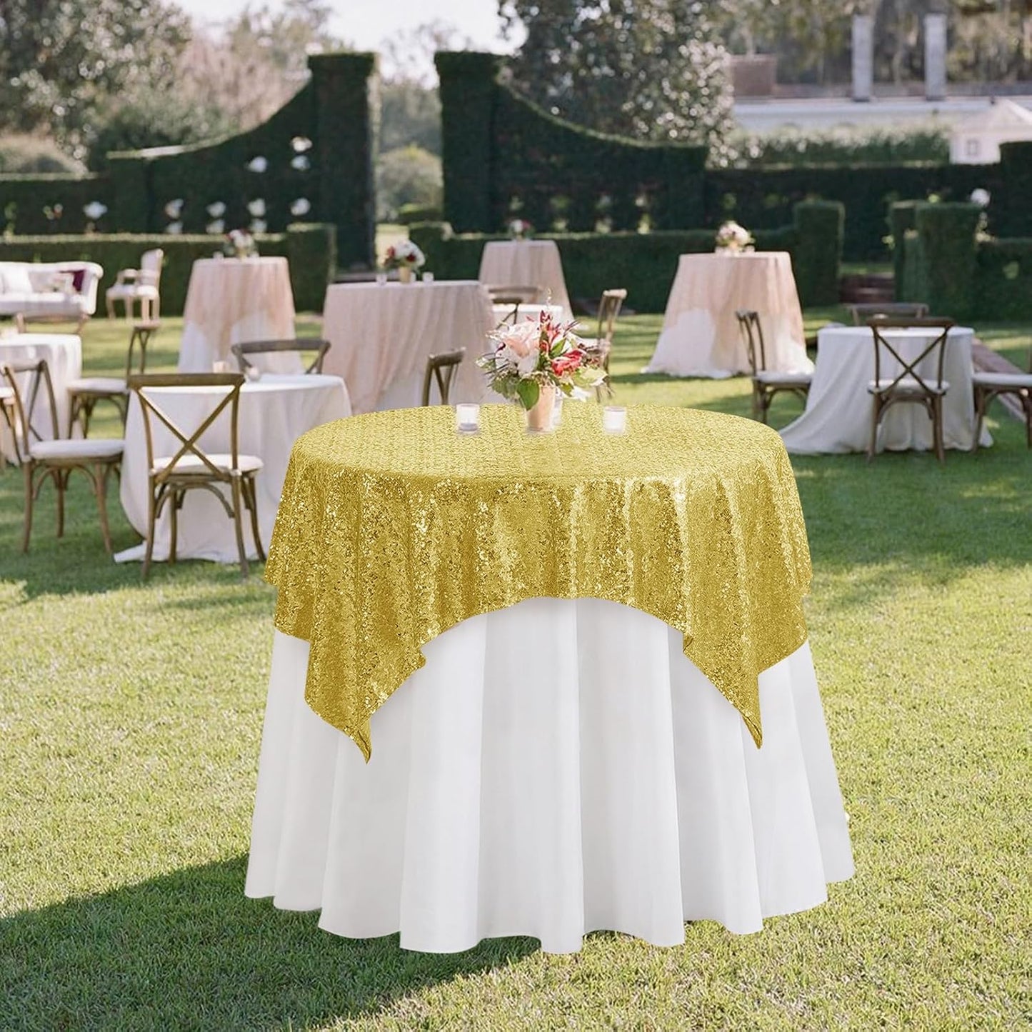 Gold Sequin Square Tablecloth - 50x50 inch, Luxurious Sparkle & Glitter Party Table Cloth, Wedding & Event Decoration