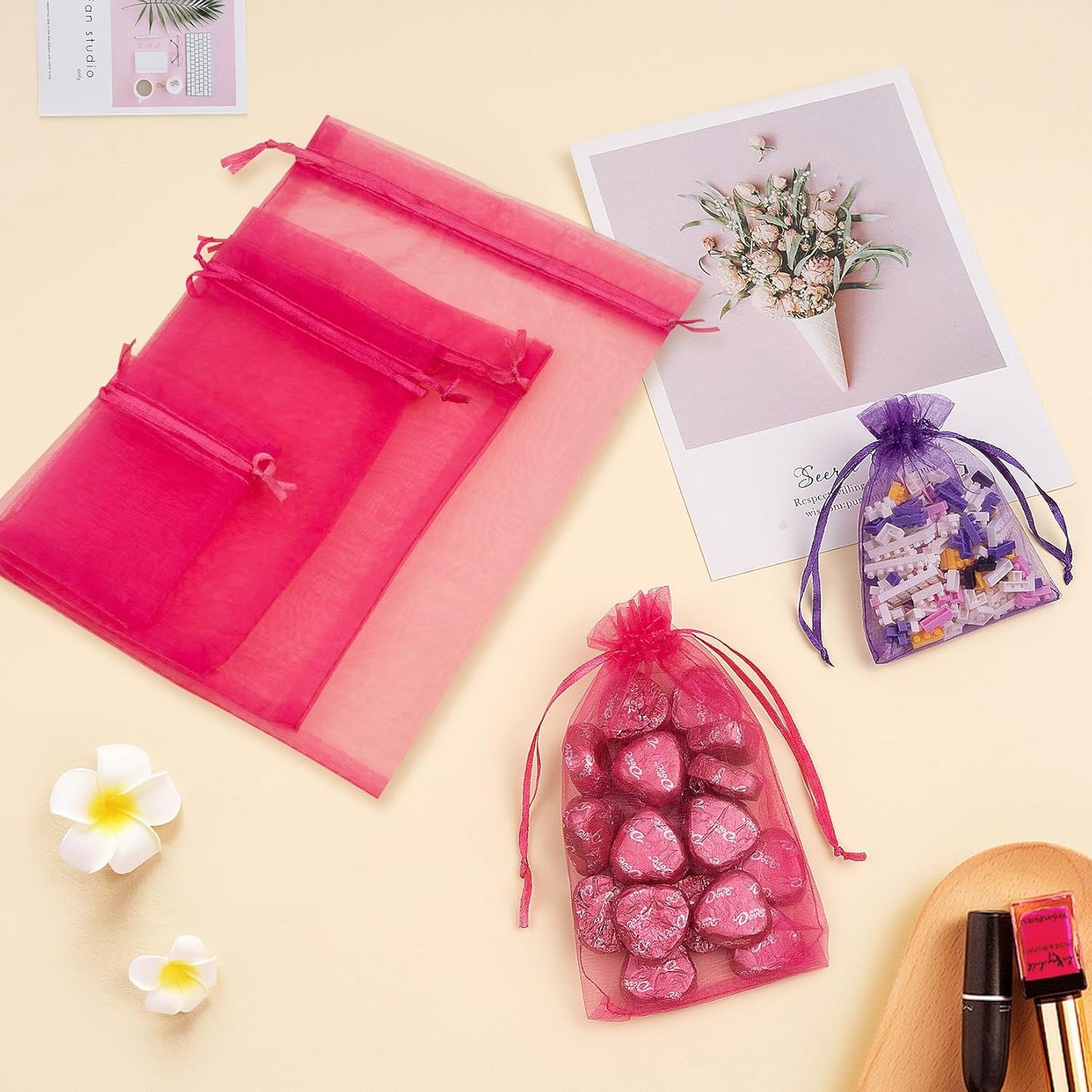 50 Pcs Hot Pink Organza Bags, 3x4 Inch Small Mesh Bags Drawstring Jewelry Pouch Gift Bag Goodie Bag for Wedding Party Favor