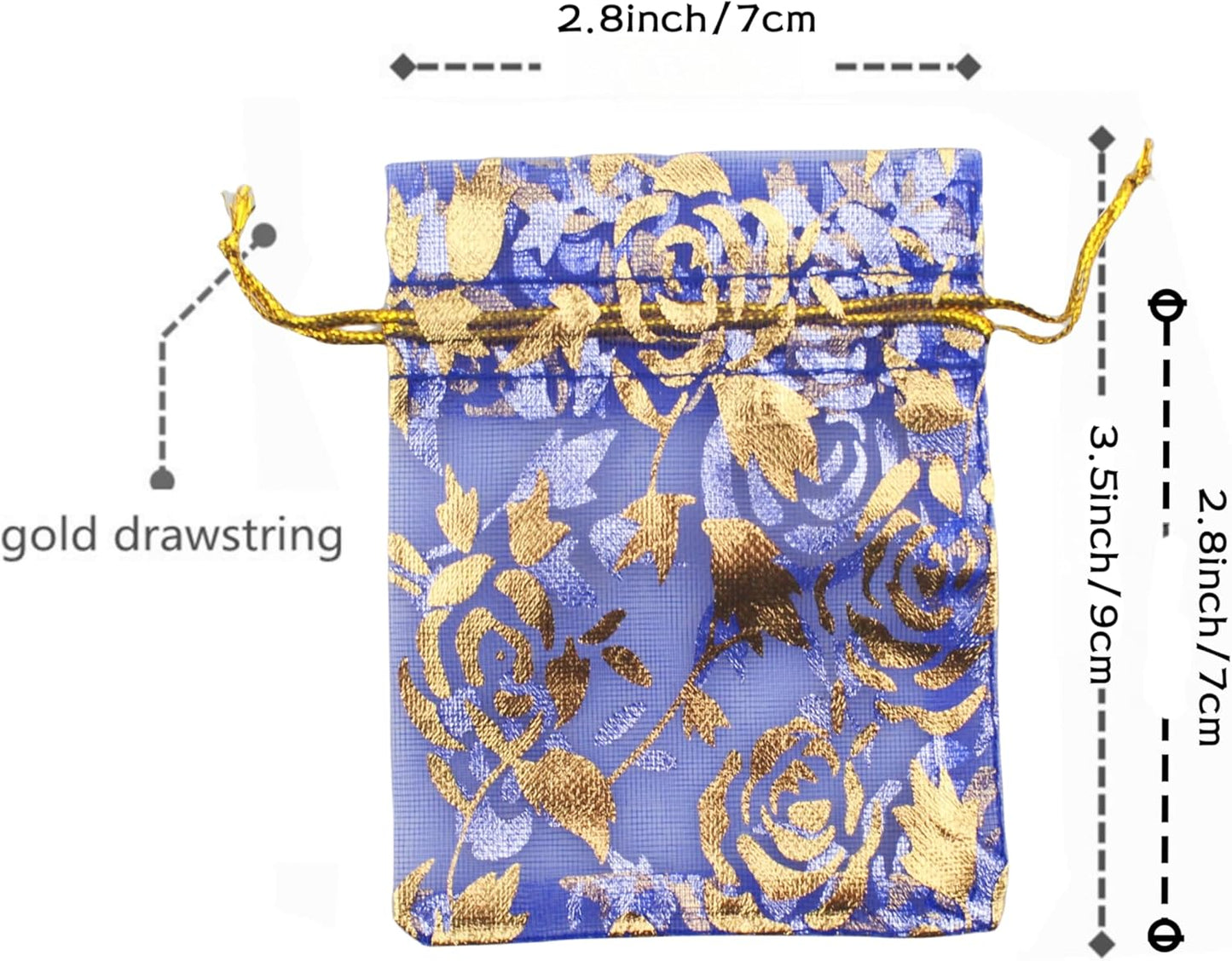 QIANHAILIZZ 100 Pack 2.8 x 3.5 Inch Flower Heart Organza Jewelry Gift Pouch Candy Pouch Drawstring Wedding Favor Bags B511S (royalblue gold flower)