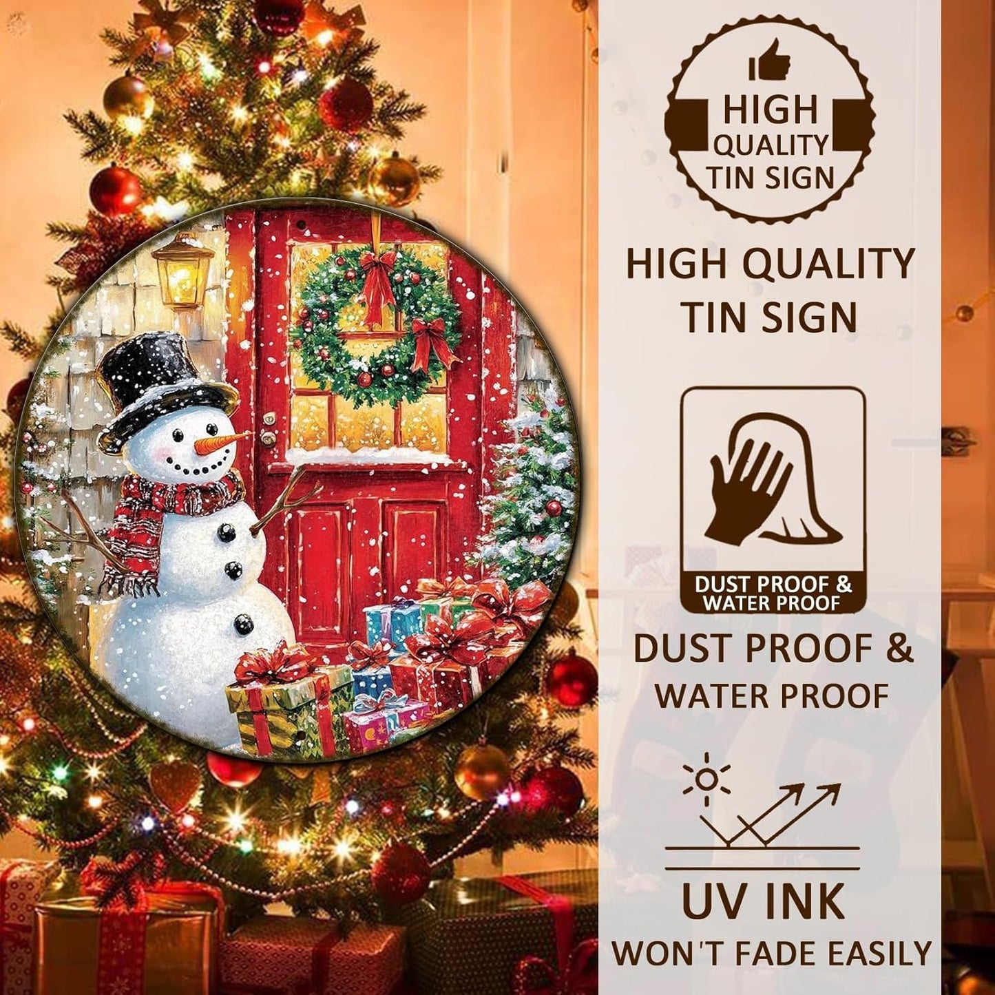 Round Wall Decor Christmas Metal Tin Sign Snowman Sign Rustic Wall Decor Wall Plaque Snowman Wreath Sign for Christmas Round Wreath Wall Decor Vintage Garage Yard Home Decor 8 * 8 in