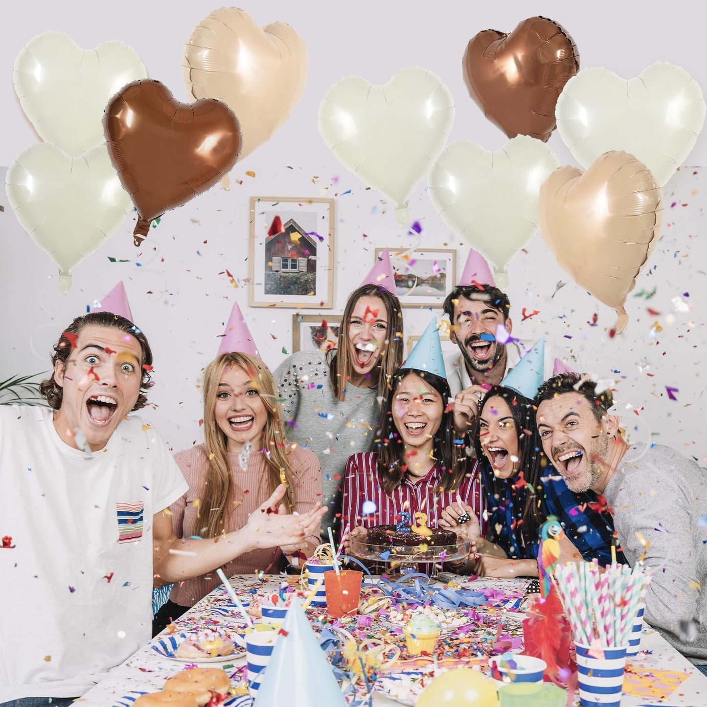 TONIFUL 30Pcs 18 Inch Cream White Heart Balloons Light Brown Coffee Foil Balloons Decoration for Thanksgiving Birthday Valentine's Day Wedding Bridal Shower Anniversary Engagement Party Supplies