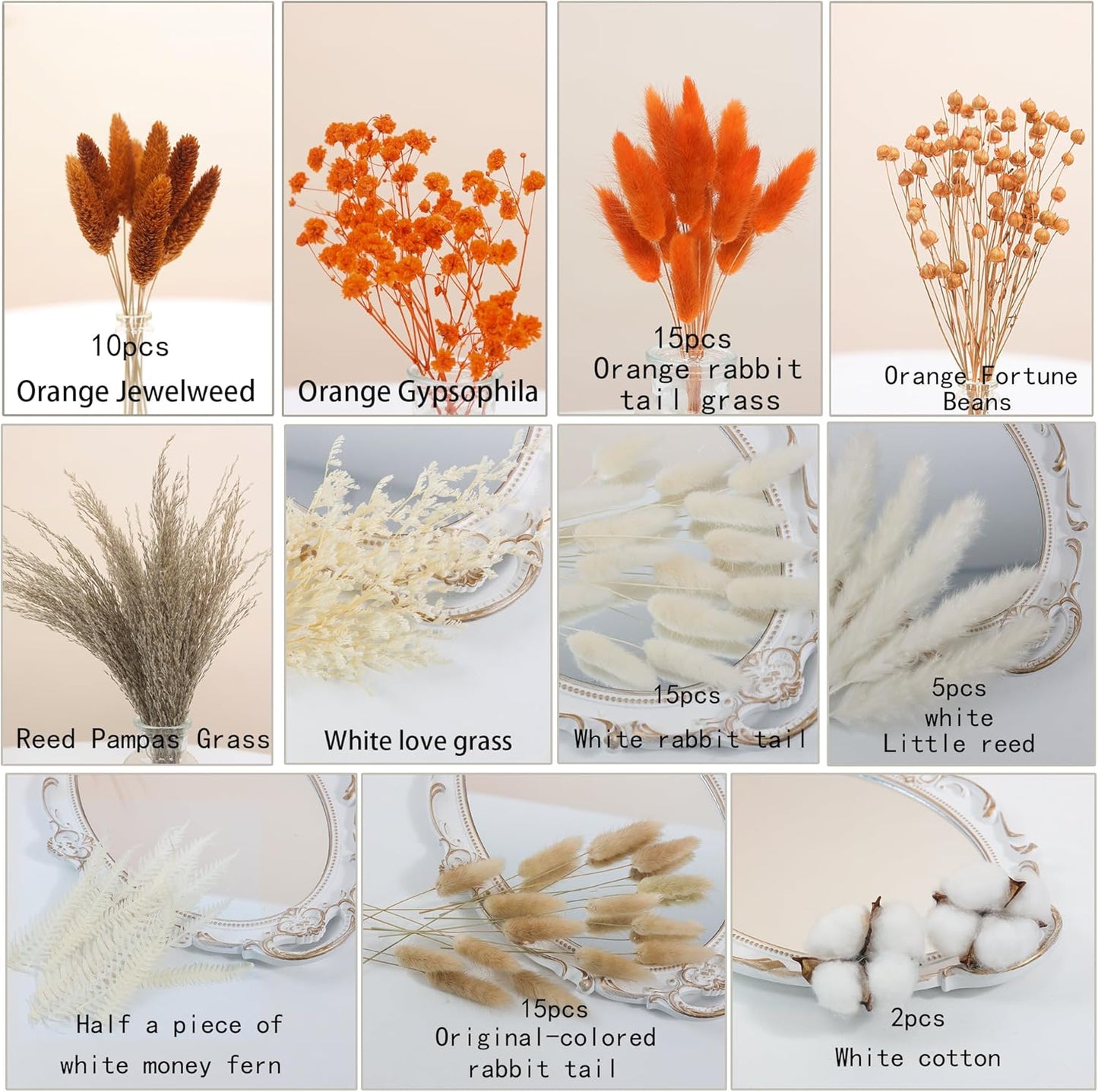 xin's convey DIY Autumn Natural Dried Flower Kit, Mini Stemming Bouquets for Room, Table, and Vase Decorations(Orange)