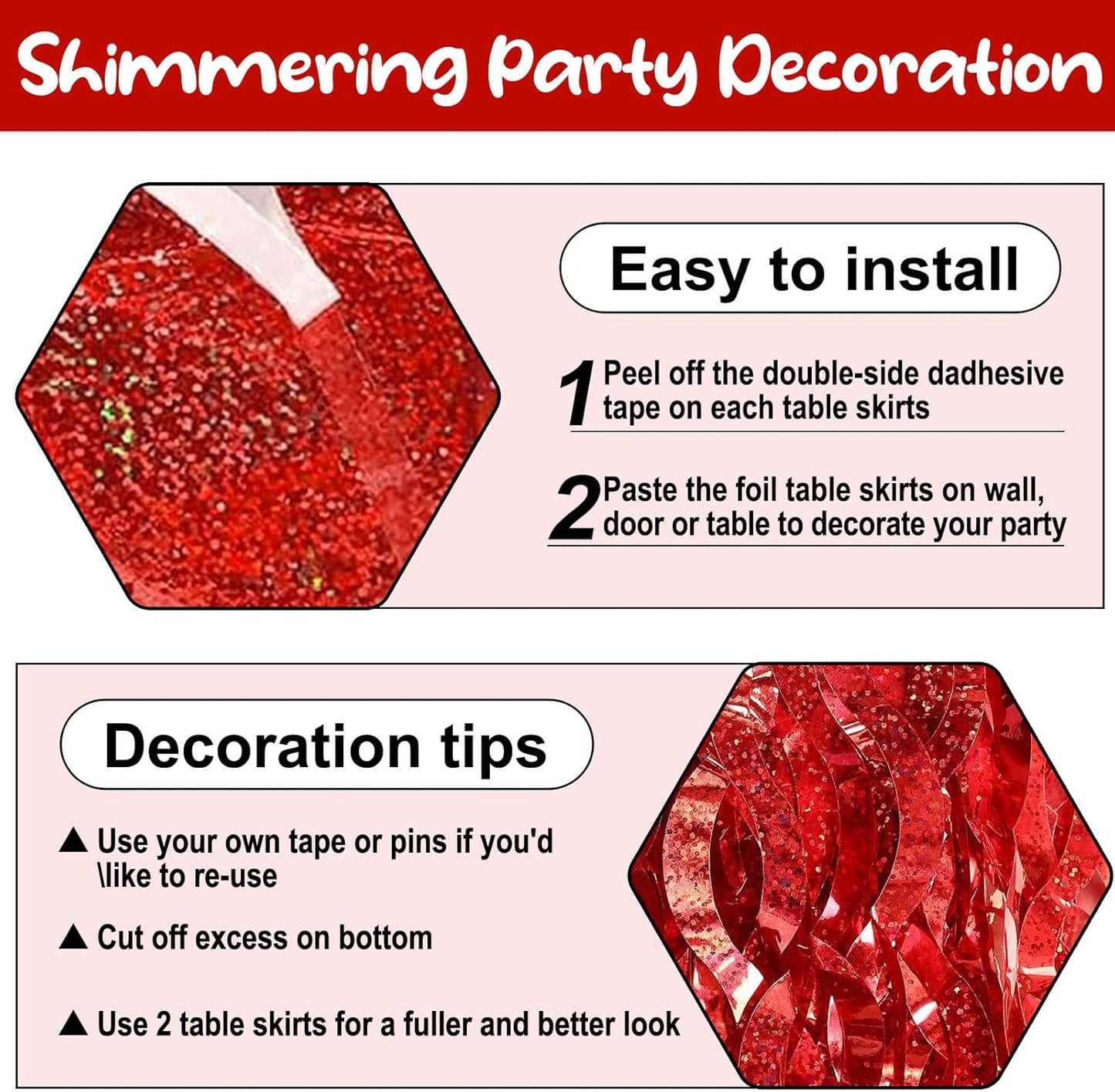 6Pack 29 x108 Inch Red Wave Foil Fringe Table Skirts Metallic Banner for Tinsel Streamer Garland Backdrop for Parade Floats, Mother's Day, Easter, Graduate, Birthday, Wedding Party Decoration