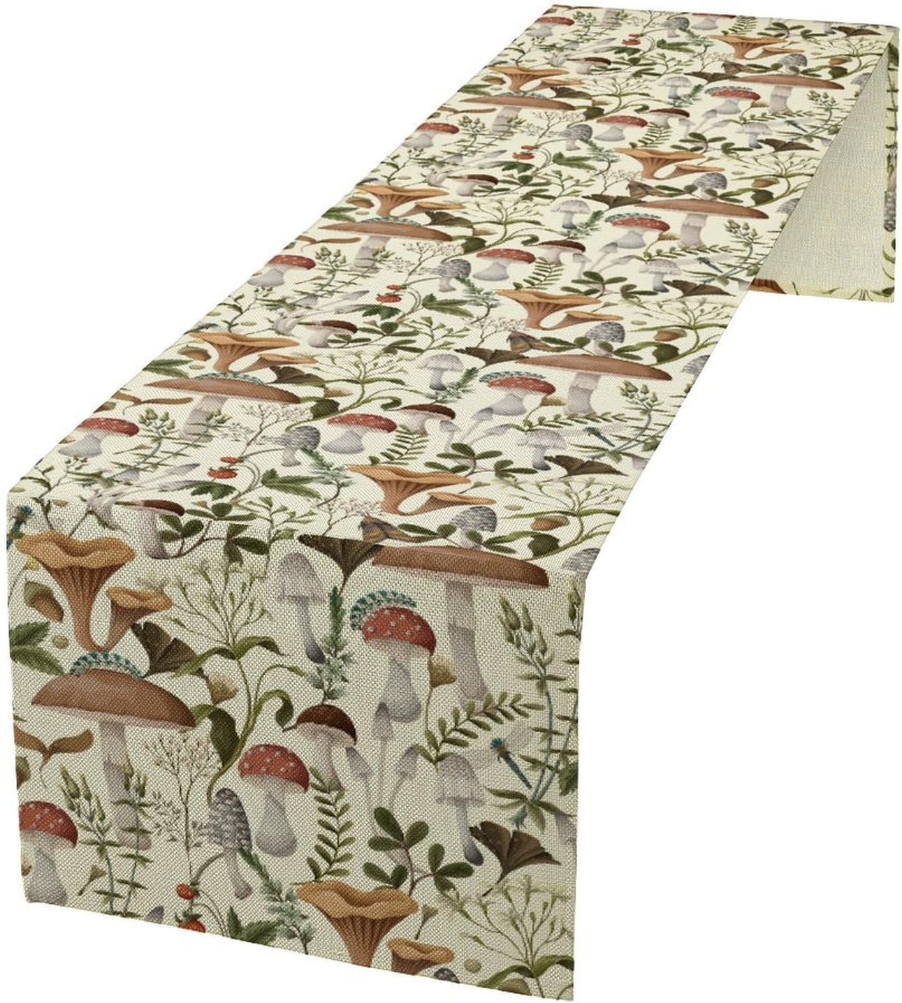 Mushroom Table Runner,Vintage Forest Flower Plant Print Table Runner for Kitchen Dining Table Home Party Decoration 13x72 Inch