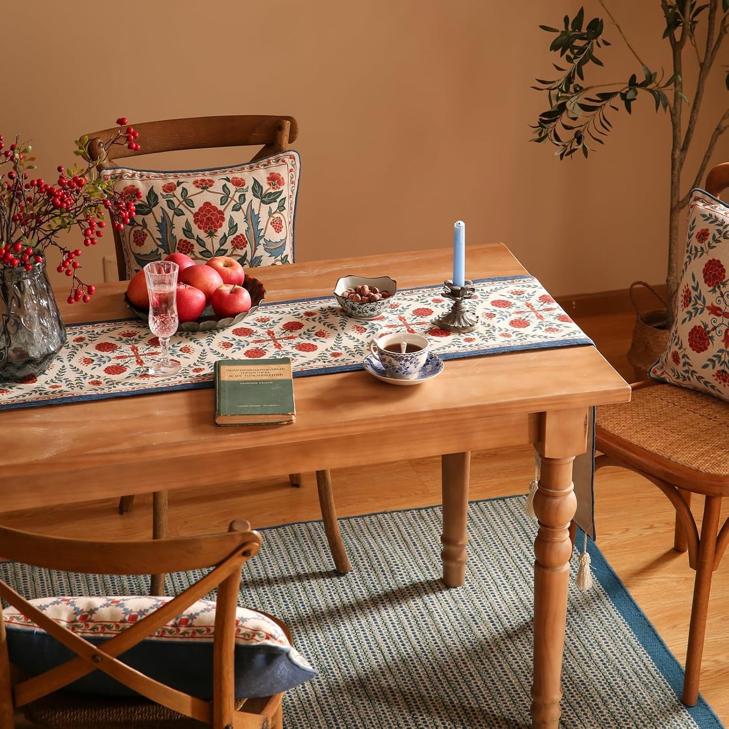 patdrea Designer Vintage Bright Farmhouse Linen Table Runner 71 Inch Long, Maroon Floral Pattern Table Mat, Decoration for Kitchen Dining Table Coffee Table Cabinet Banquet Christmas ,12"*71"