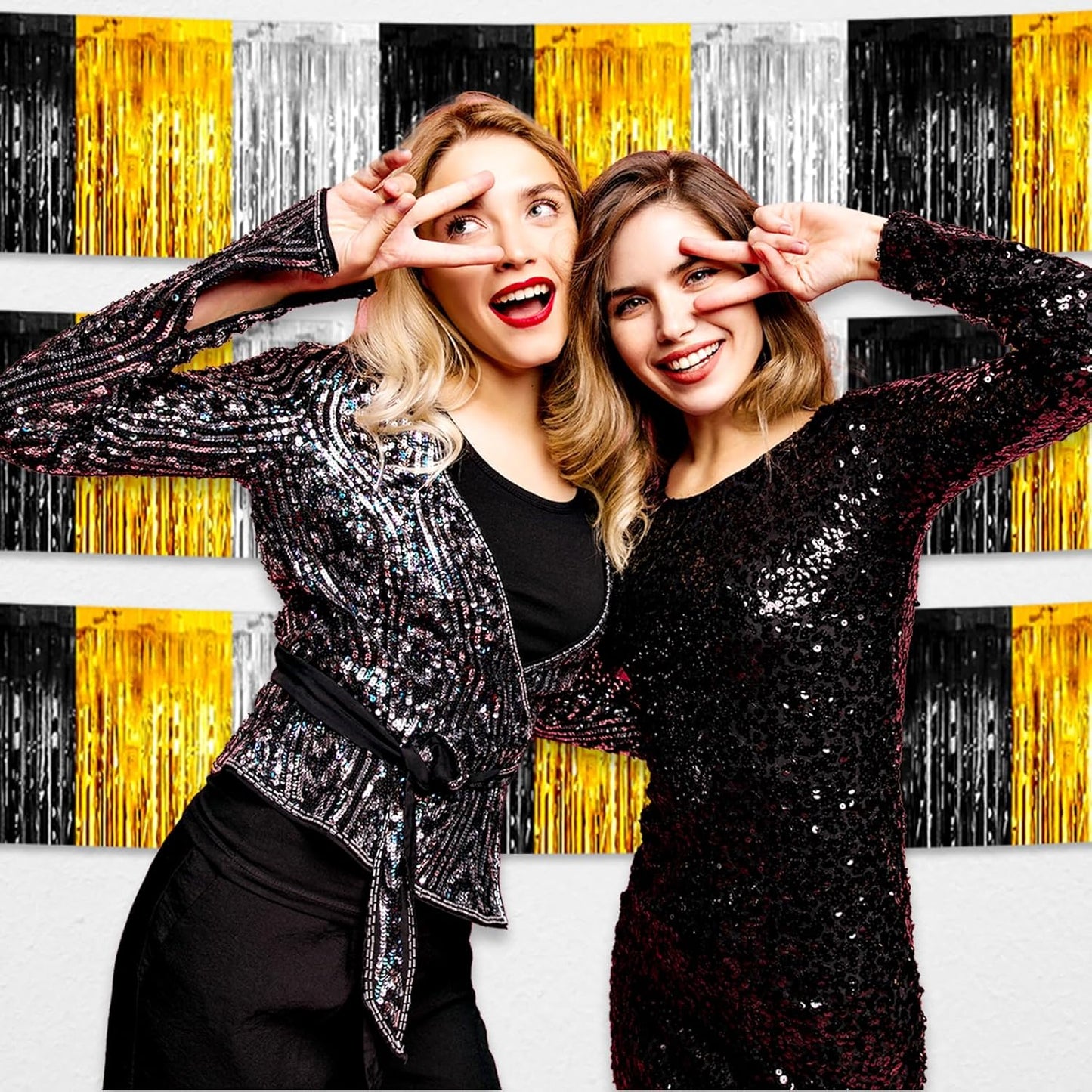 4 Pack 10 Feet Black Gold Silver Foil Fringe Garland Metallic Tinsel Streamers Banner Wall Hanging Curtain Backdrop for Parade Floats, Wedding, Graduate, Mother's Day, Birthday Party Decoration