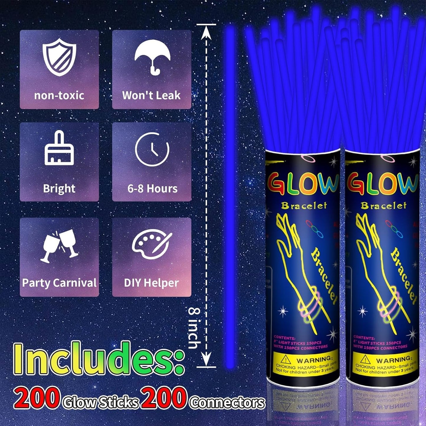 200 Pack 8'' Glow Sticks Bulk Party Favors Blue Light Up Sticks with Connectors Neon Glow in the Dark Party Supplies Bracelets for Holiday Birthday Party Decoration(Blue)