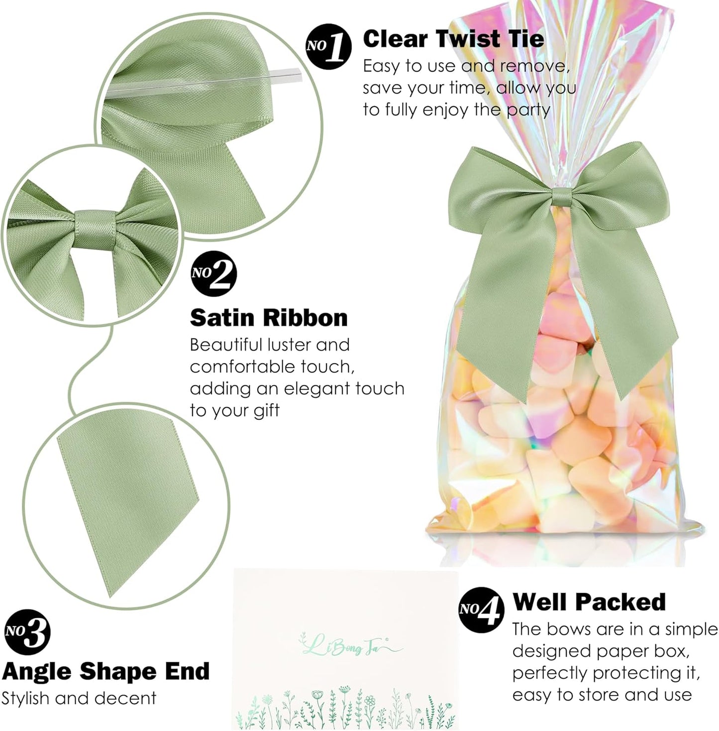 4.5" Satin Ribbon Sage Green Bows for Gift Wrapping, Twist Tie Bows, Cute Bows for Crafts, Party Favors, Premade Bows Pre-Tied Decorative Bows for Flower Bouquets Candy Apple Bows-24 Counts