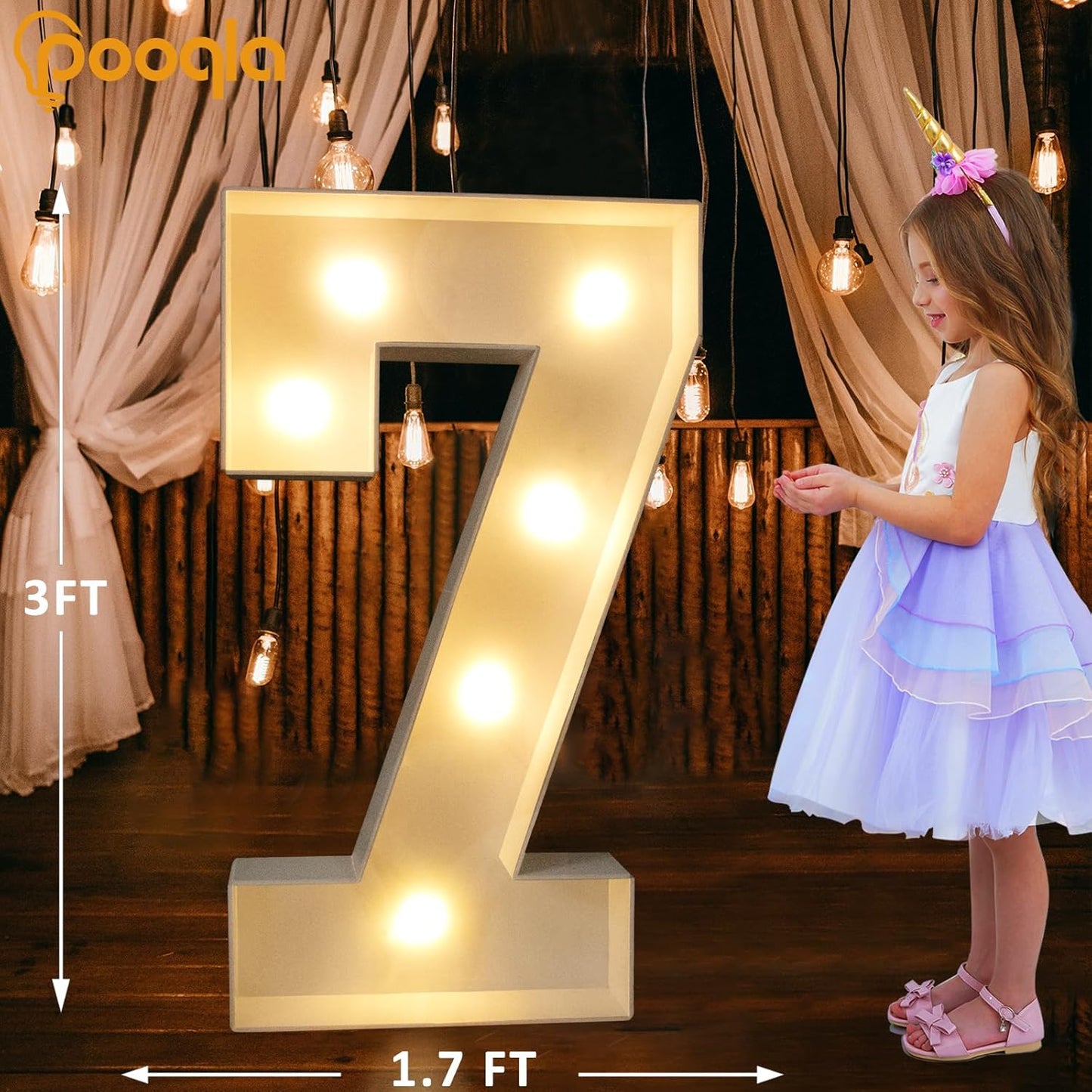 Pooqla 3FT Light Up Marquee Numbers, Cool White and Warm White LED Large Lighted Marquee Numbers, Giant Mosaic Light Up Numbers for Balloons 7th 17th 70th Birthday Decoration Party Decor, LED Number 7
