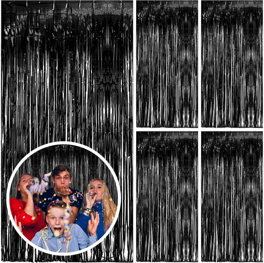 5 Pack Black Party Streamers Backdrop Tinsel Foil Fringe Curtains Halloween & Birthday Party Decorations