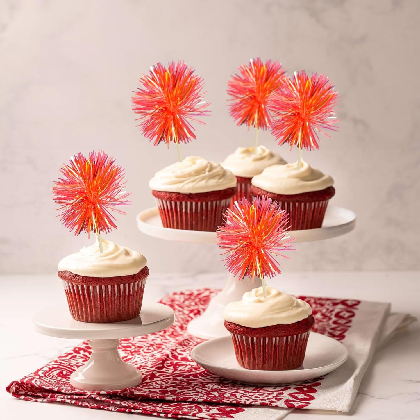 Gyufise 30Pcs Foil Firework Cupcake Toppers Sparkle Tinsel Cake Toppers Tinsel Drink Cake Decoration Cocktail Picks for Birthday Wedding Graduation Party Supplies Dark Orange