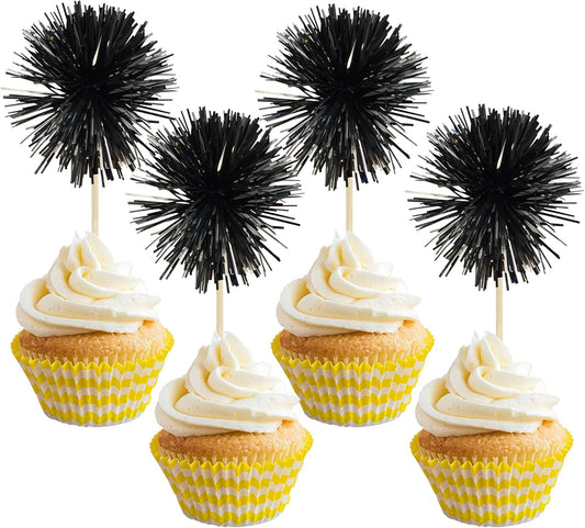 Gyufise 30Pcs Foil Firework Cupcake Toppers Sparkle Tinsel Cake Toppers Tinsel Drink Cake Decoration Cocktail Picks for Birthday Wedding Graduation Party Supplies Black