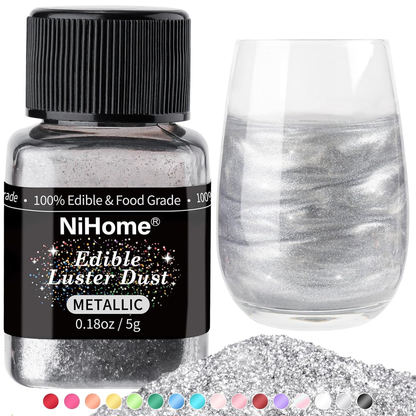 NiHome Edible Food-Grade Glimmer Powder Glitter Luster Dust Food Decorating Sprinkle Dust for Drink Wine Beverage Cake Candy Dessert Home Bakery Restaurant Vegan Allergen-Free (0.18oz/5g, Metallic)